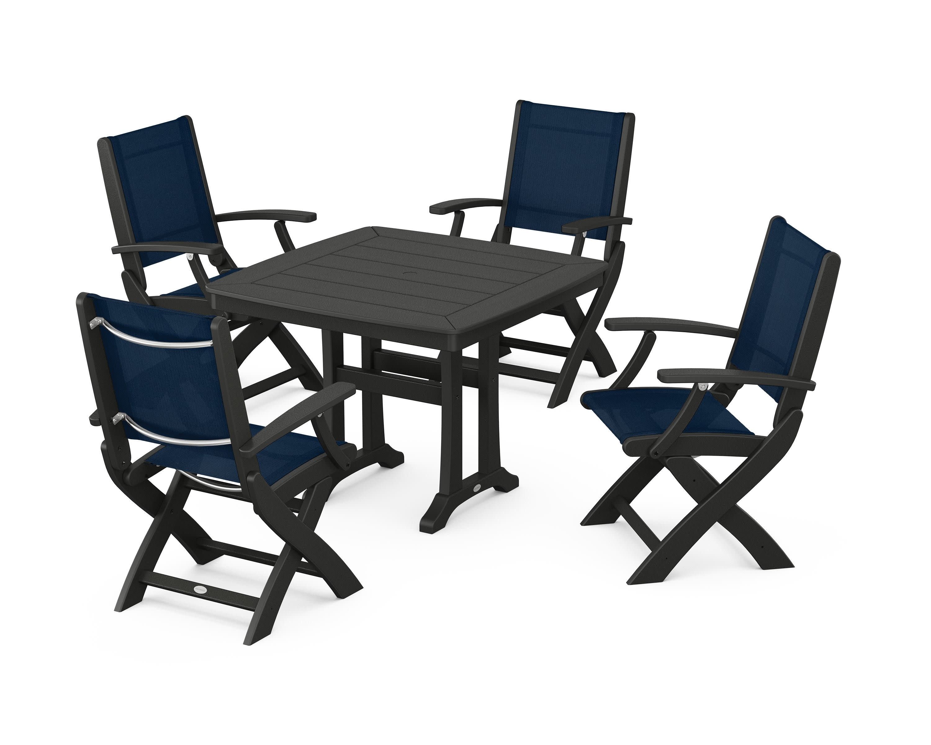 Coastal Folding Chair 5-Piece Dining Set with Trestle Legs in Black / Navy Blue Sling