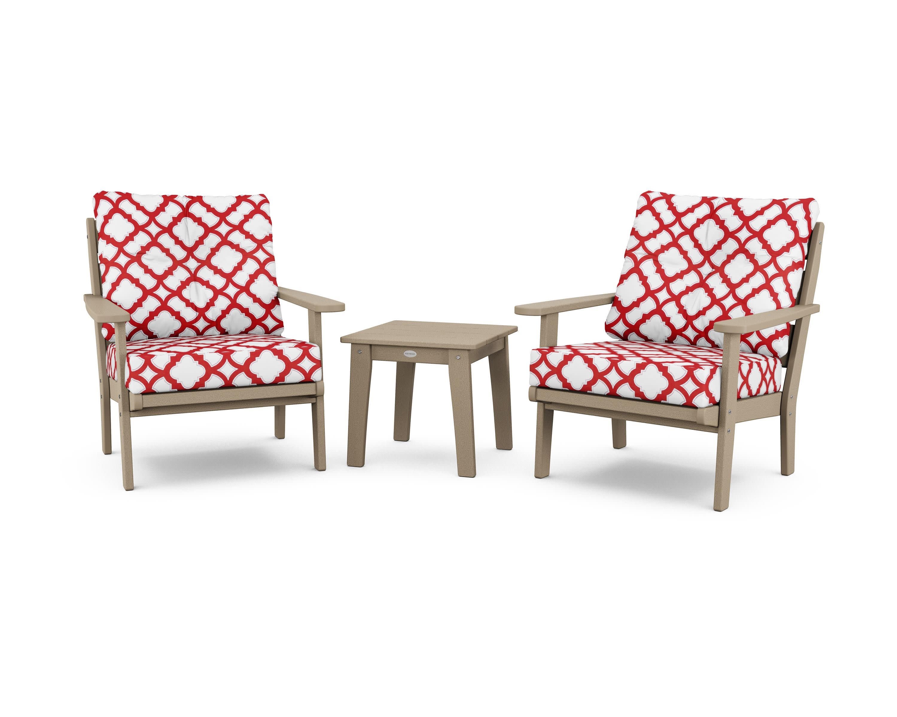 Lakeside 3-Piece Deep Seating Chair Set in Vintage Sahara / Trellis Crimson