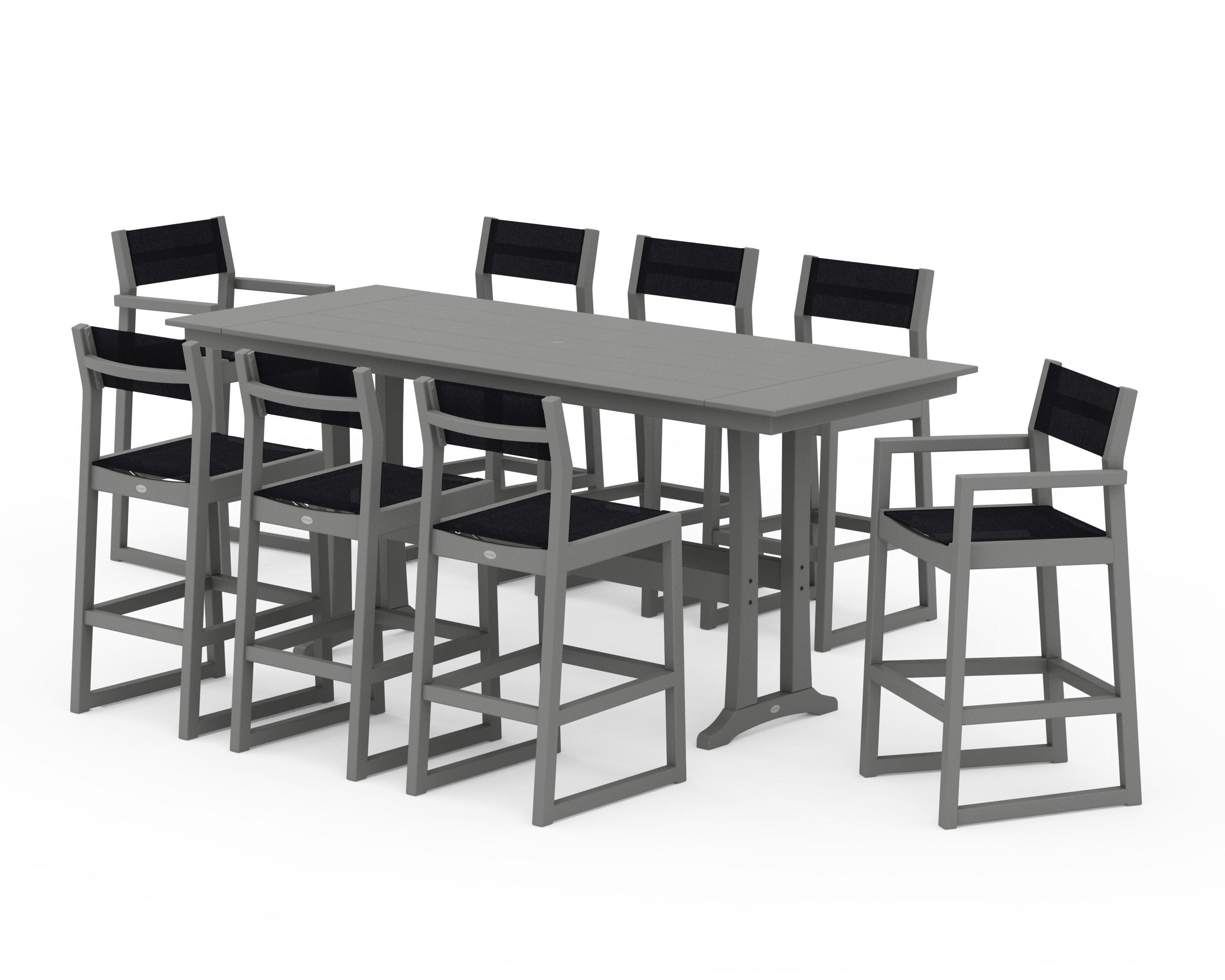 EDGE Sling 9-Piece Farmhouse Bar Set with Trestle Legs in Slate Grey / Black Sling