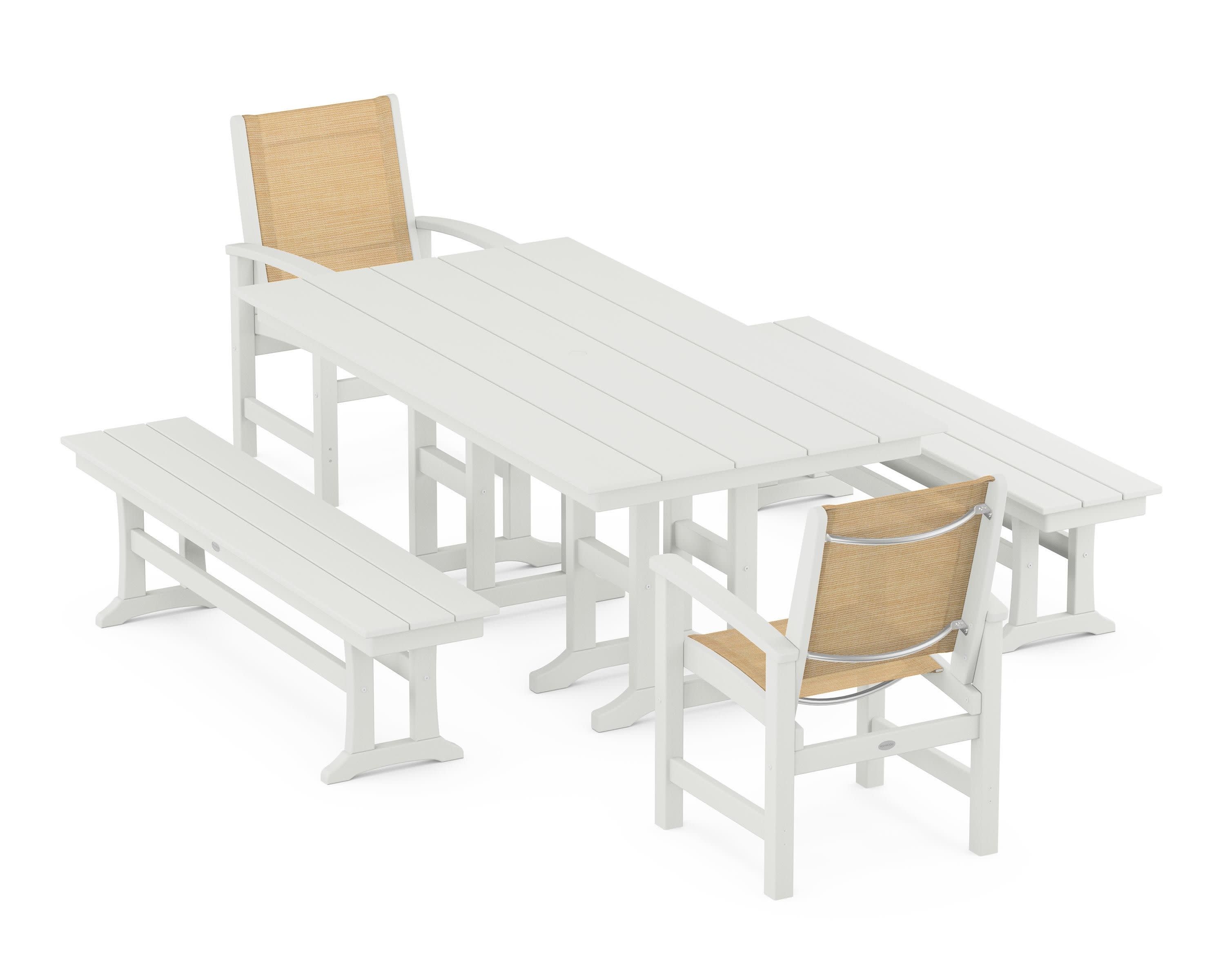 Coastal 5-Piece Farmhouse Dining Set in Vintage White / Dupioni Apricot Sling
