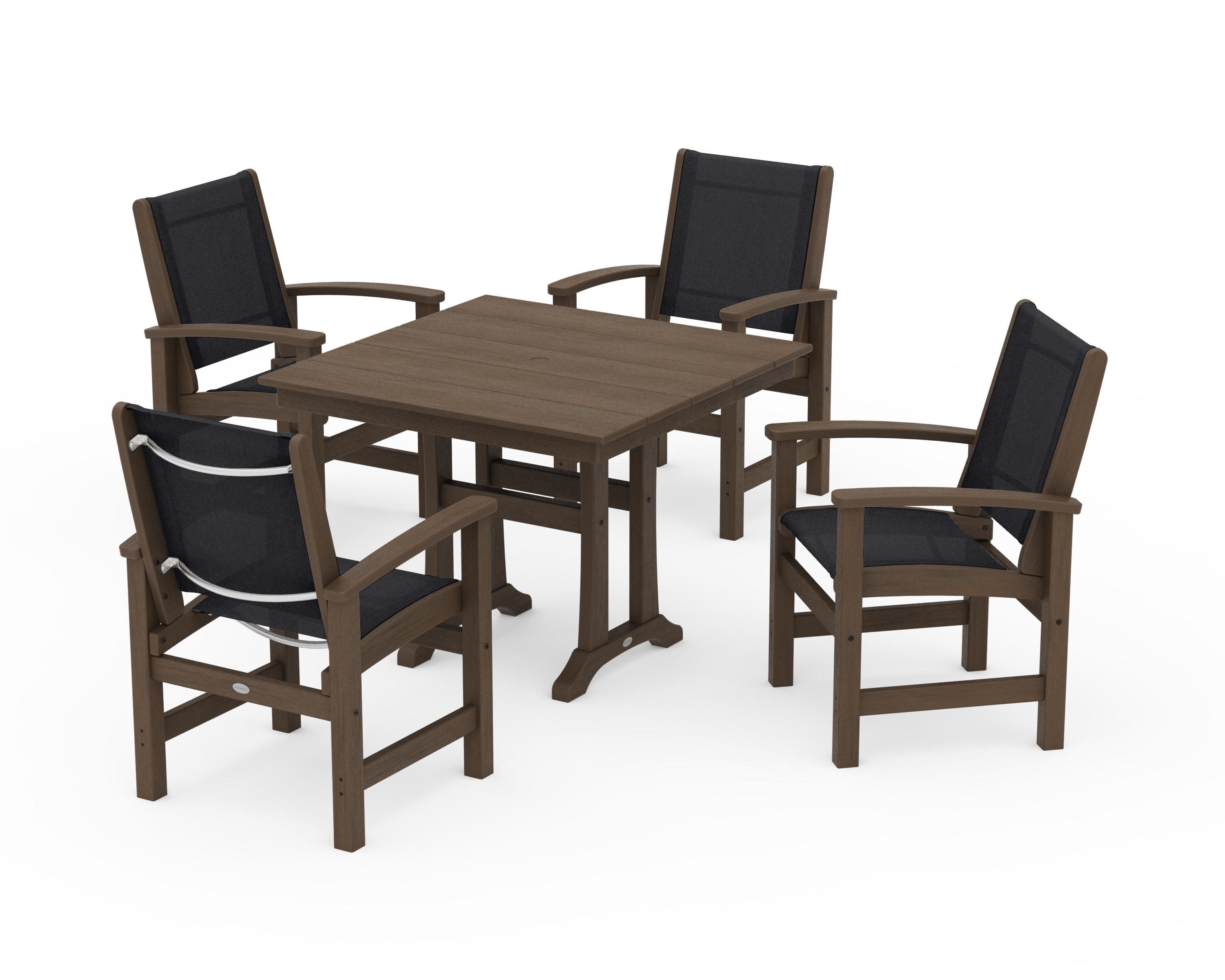 Coastal 5-Piece Farmhouse Dining Set With Trestle Legs in Kona / Black Sling