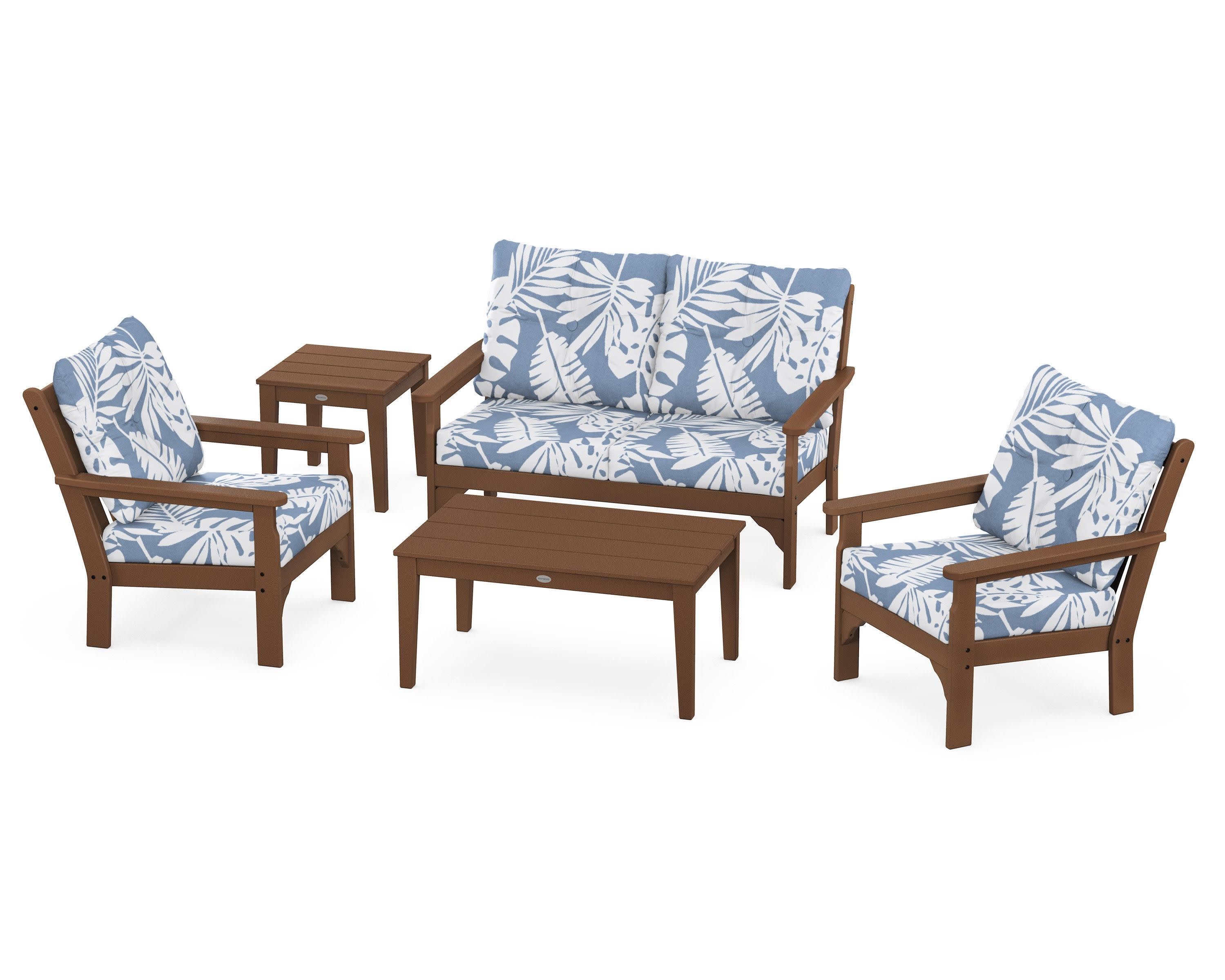 Vineyard 5-Piece Deep Seating Set in Teak / Leaf Sky Blue