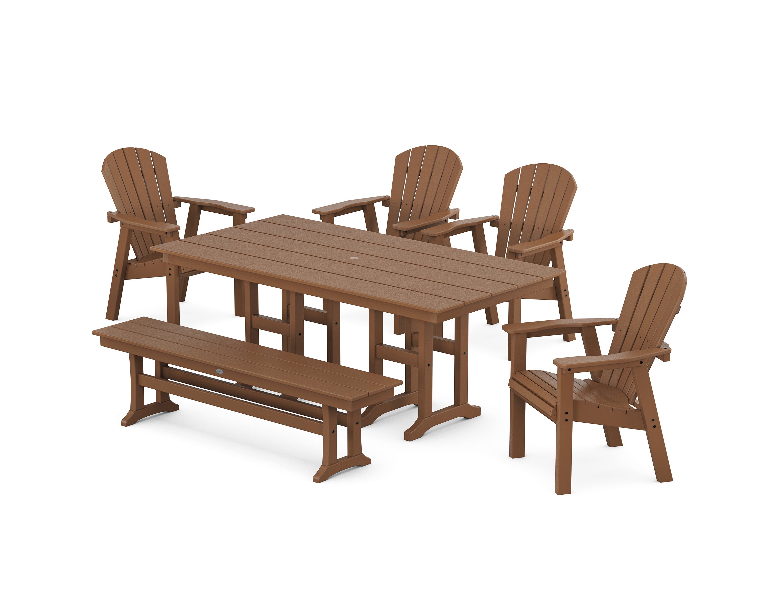 Seashell 6-Piece Farmhouse Dining Set with Bench in Teak