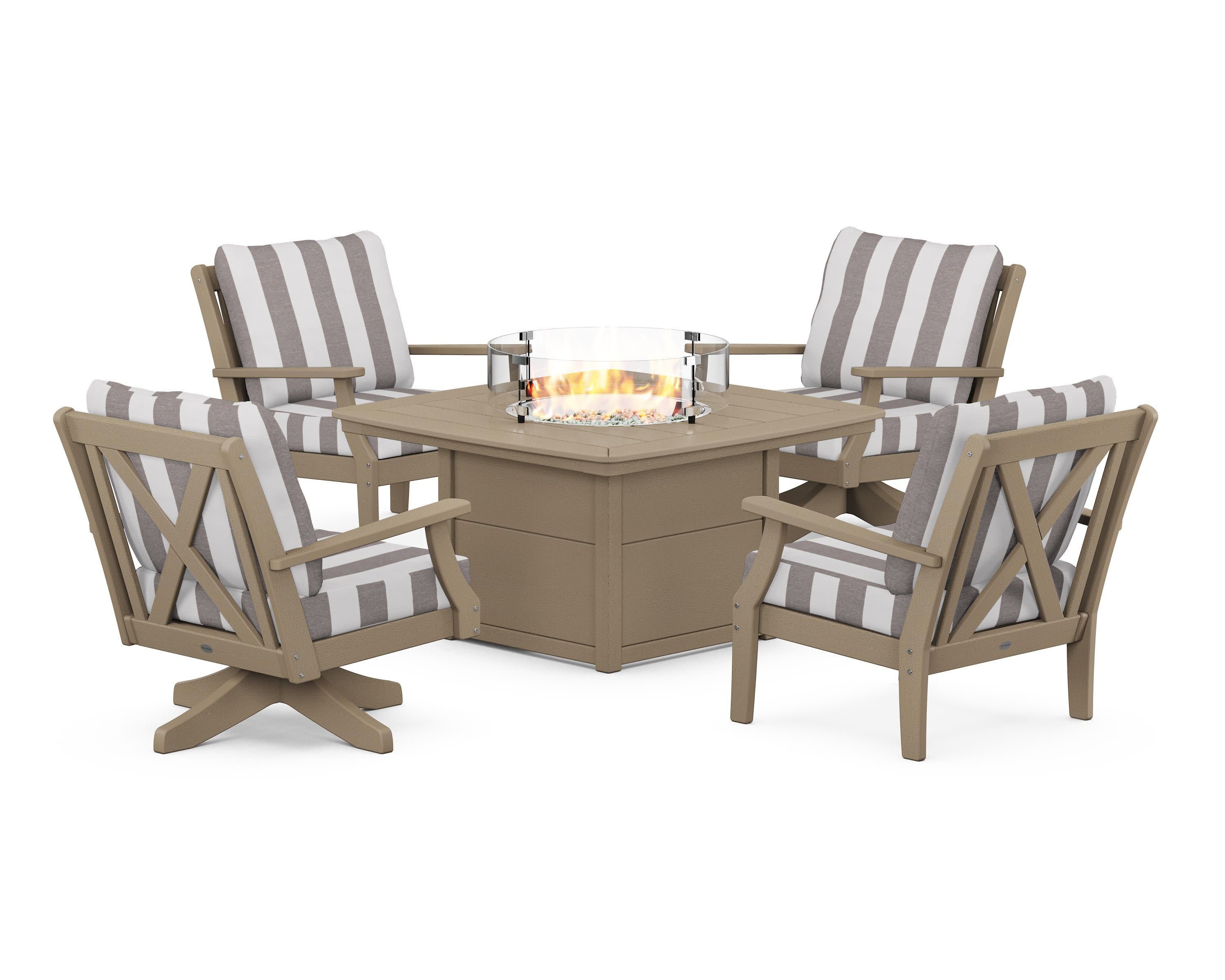 Braxton 5-Piece Deep Seating Set with Fire Table in Vintage Sahara / Cabana Stripe Grey Mist