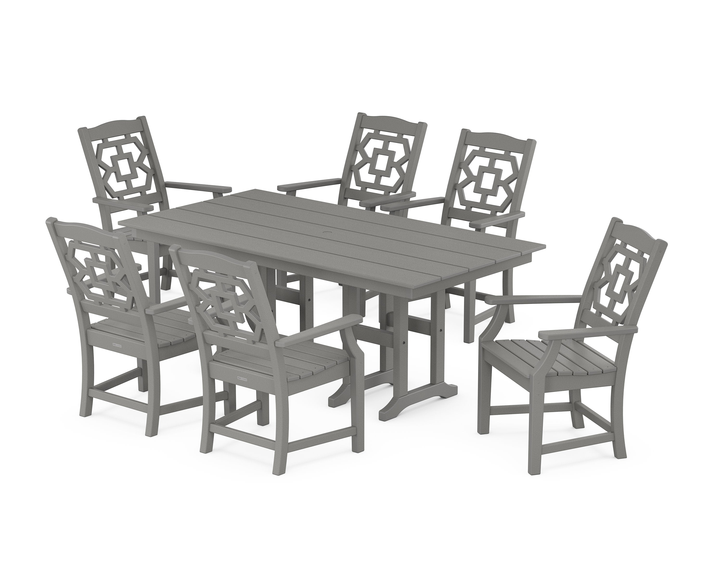 Chinoiserie Arm Chair 7-Piece Farmhouse Dining Set in Slate Grey
