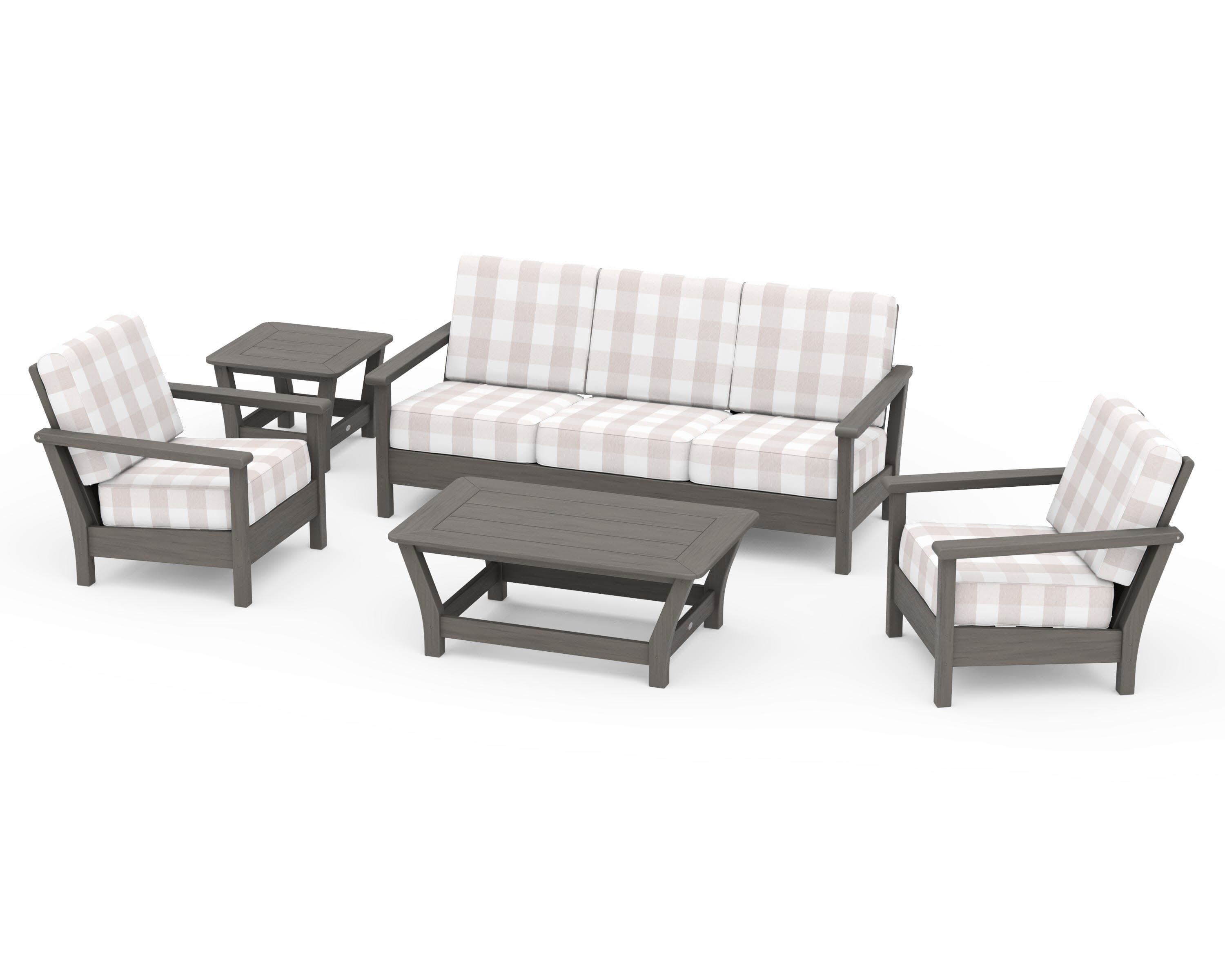 Harbour 5-Piece Deep Seating Set in Driftwood / Buffalo Plaid Dune Burlap