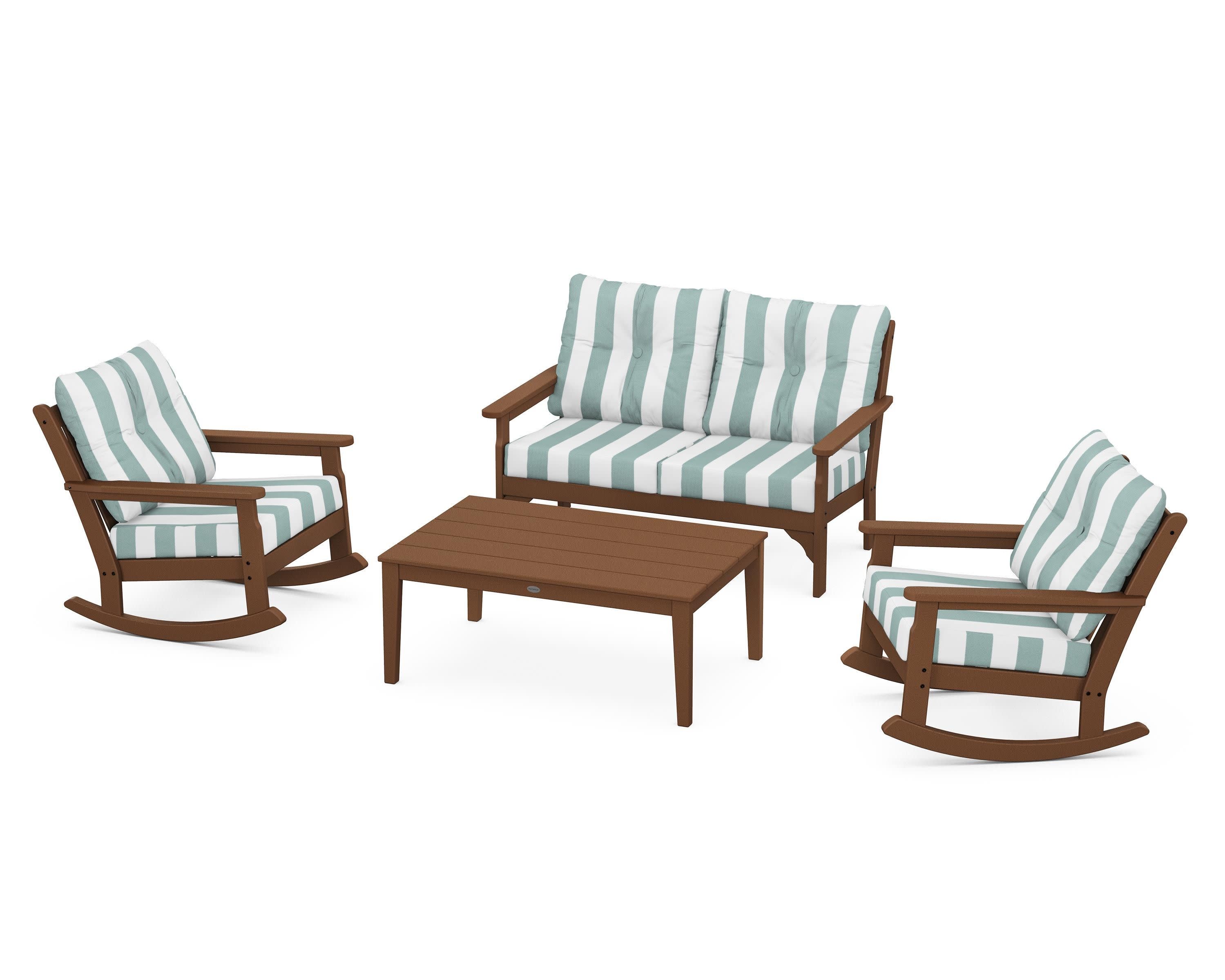 Vineyard 4-Piece Deep Seating Rocking Chair Set in Teak / Cabana Stripe Glacier Spa