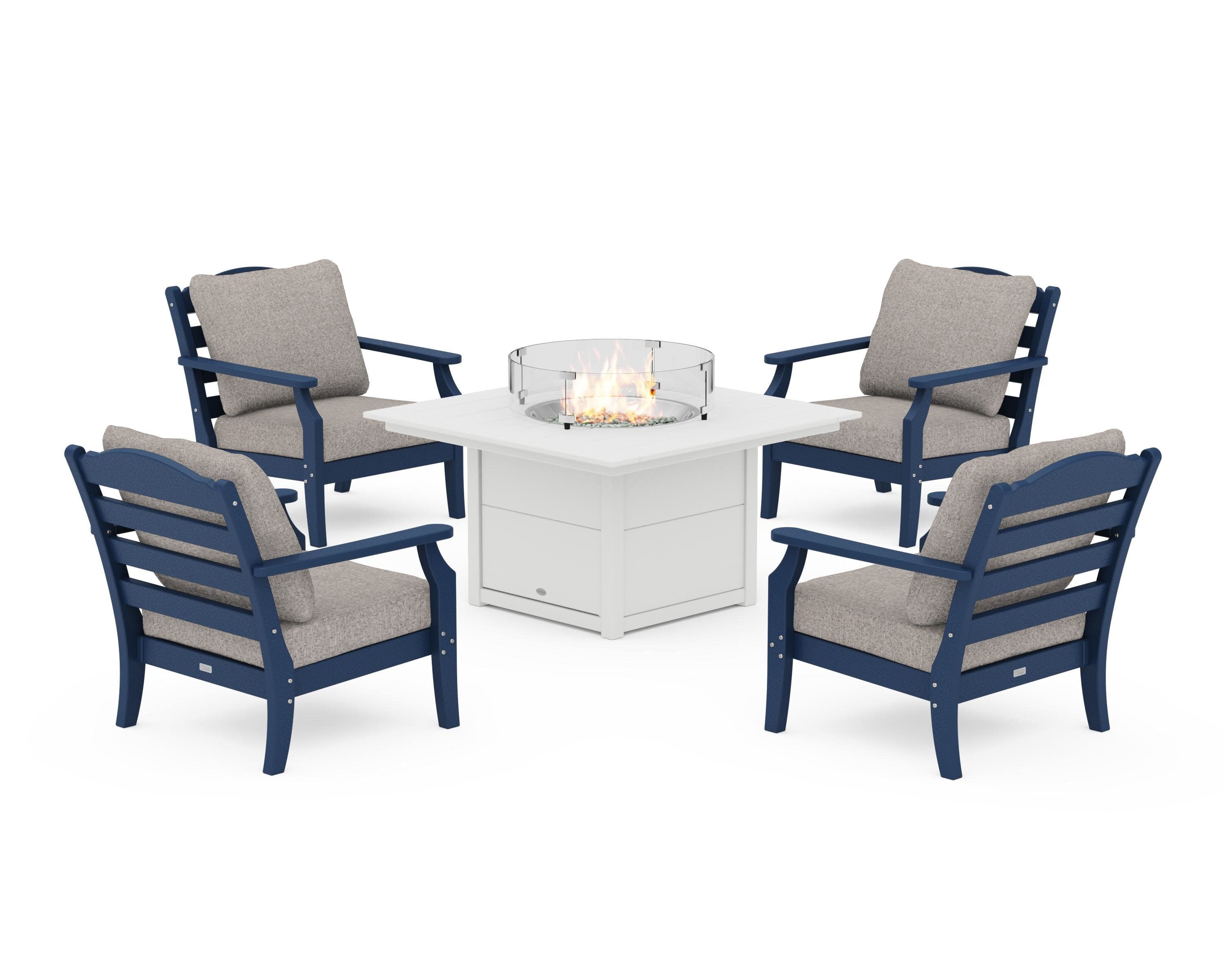 Savannah 5-Piece Deep Seating Set with Fire Pit Table in Navy / Weathered Tweed