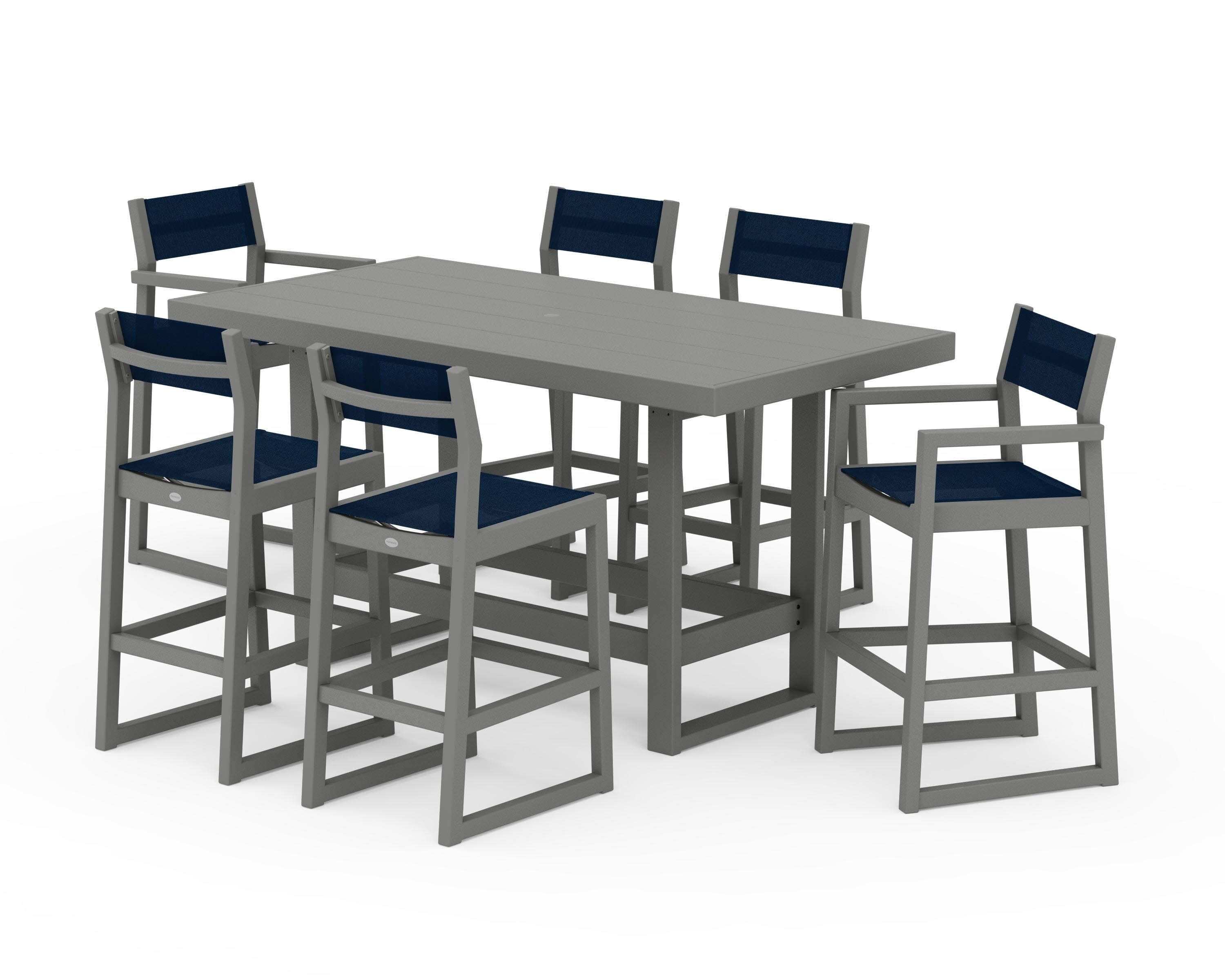 EDGE Sling 7-Piece Bar Table Set in Slate Grey / Navy Blue Sling
