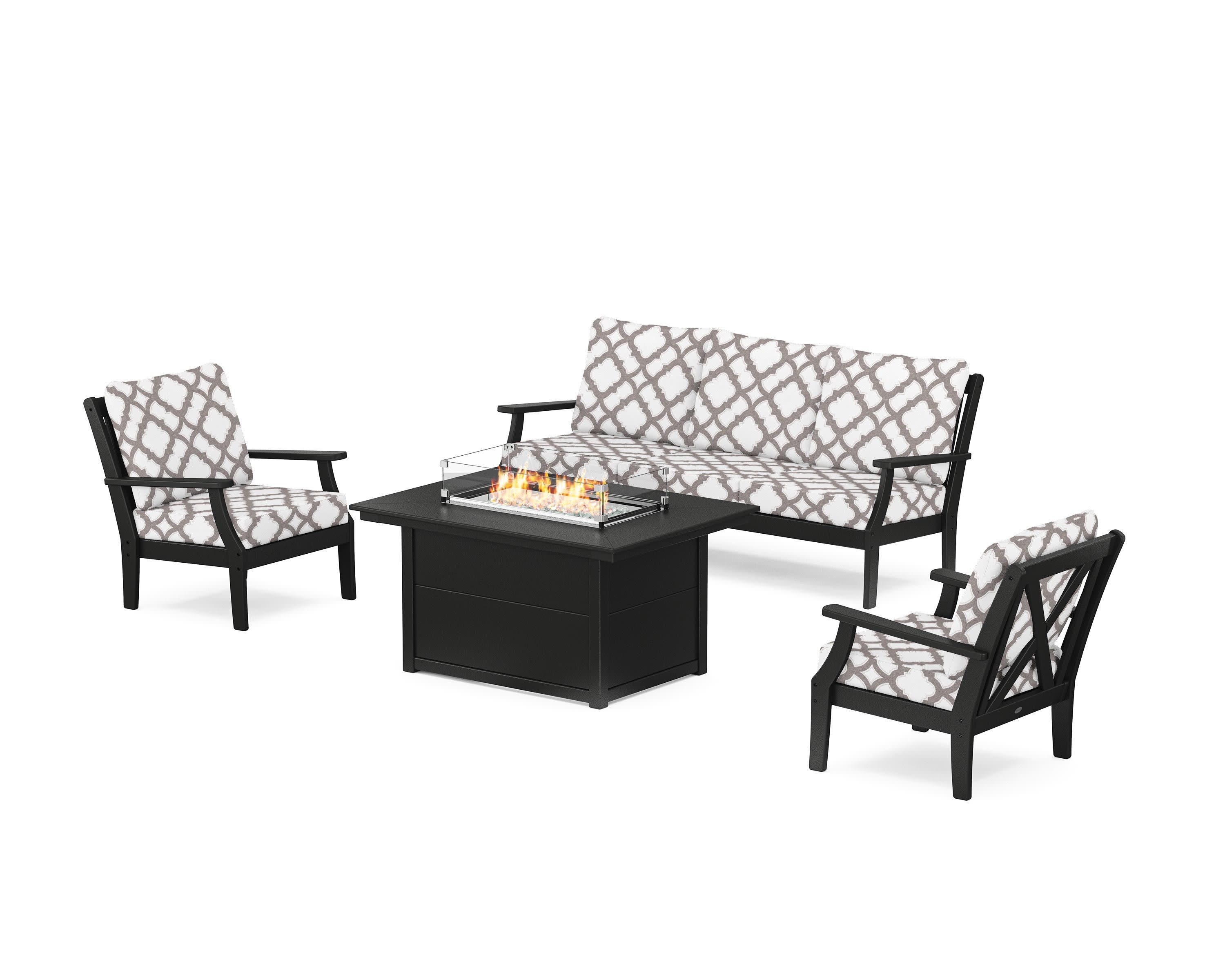 Braxton Deep Seating Fire Pit Table Set in Black / Trellis Grey Mist