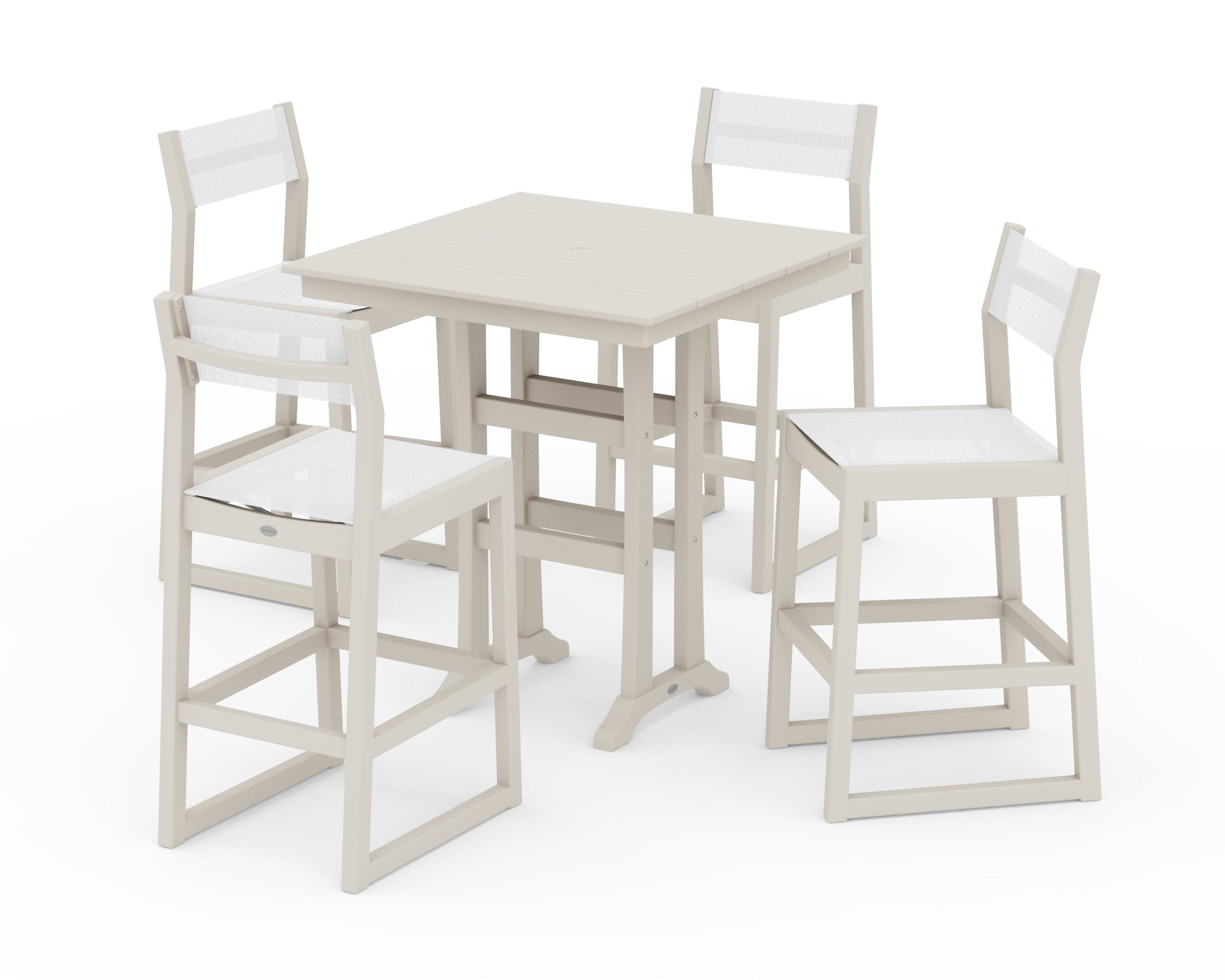 EDGE Sling Arm Chair 5-Piece Farmhouse Bar Set with Trestle Legs in Sand / White Sling