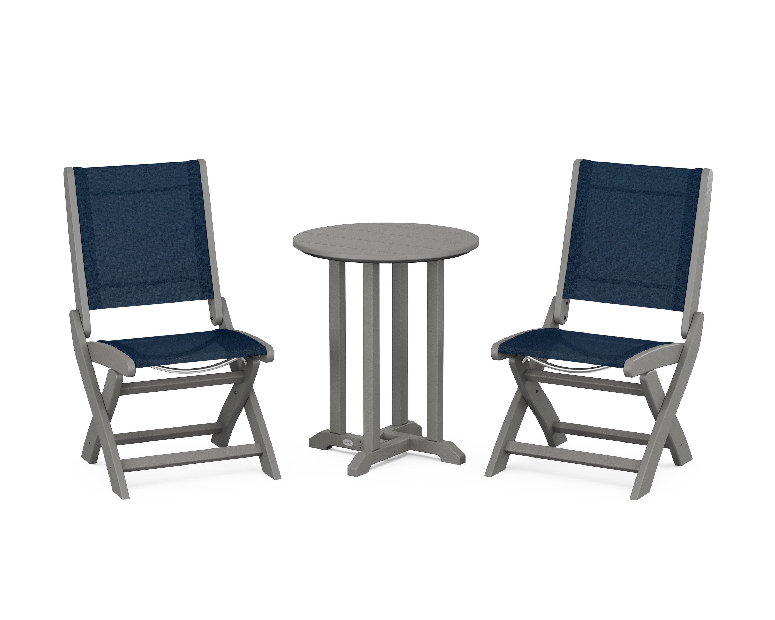 Coastal Folding Side Chair 3-Piece Round Bistro Dining Set in Slate Grey / Navy Blue Sling
