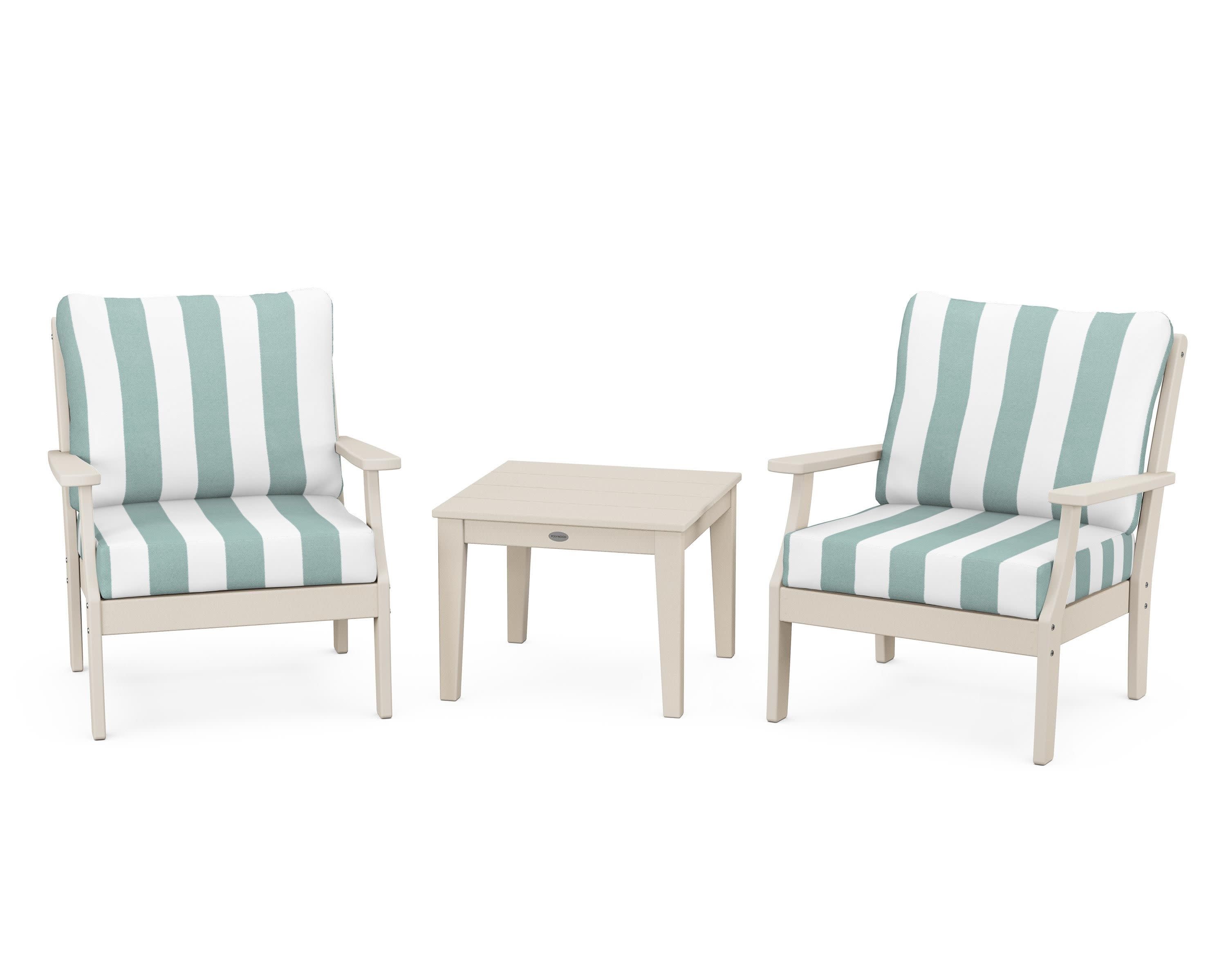 Braxton 3-Piece Deep Seating Set in Sand / Cabana Stripe Glacier Spa