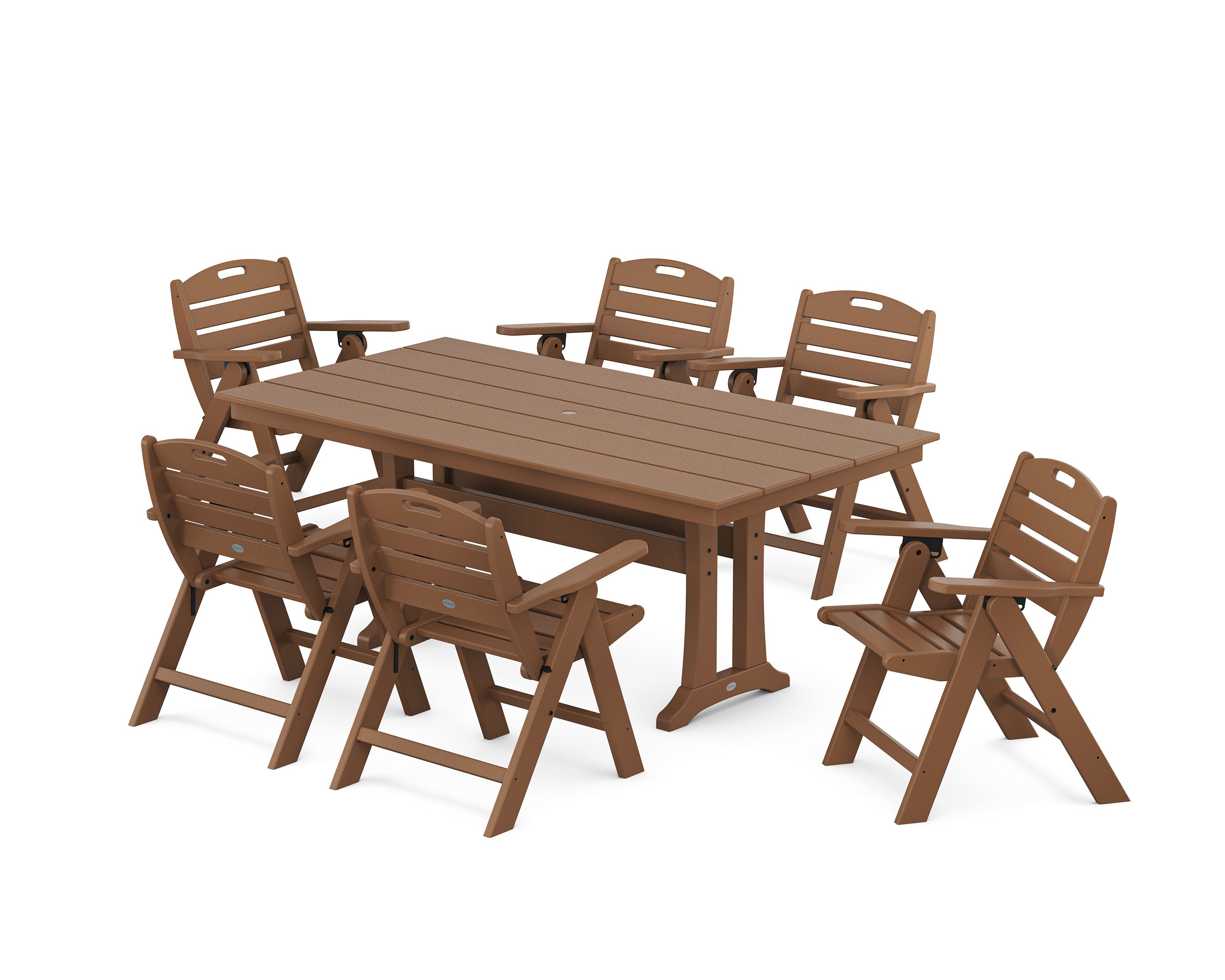 Nautical Lowback 7-Piece Farmhouse Dining Set with Trestle Legs in Teak