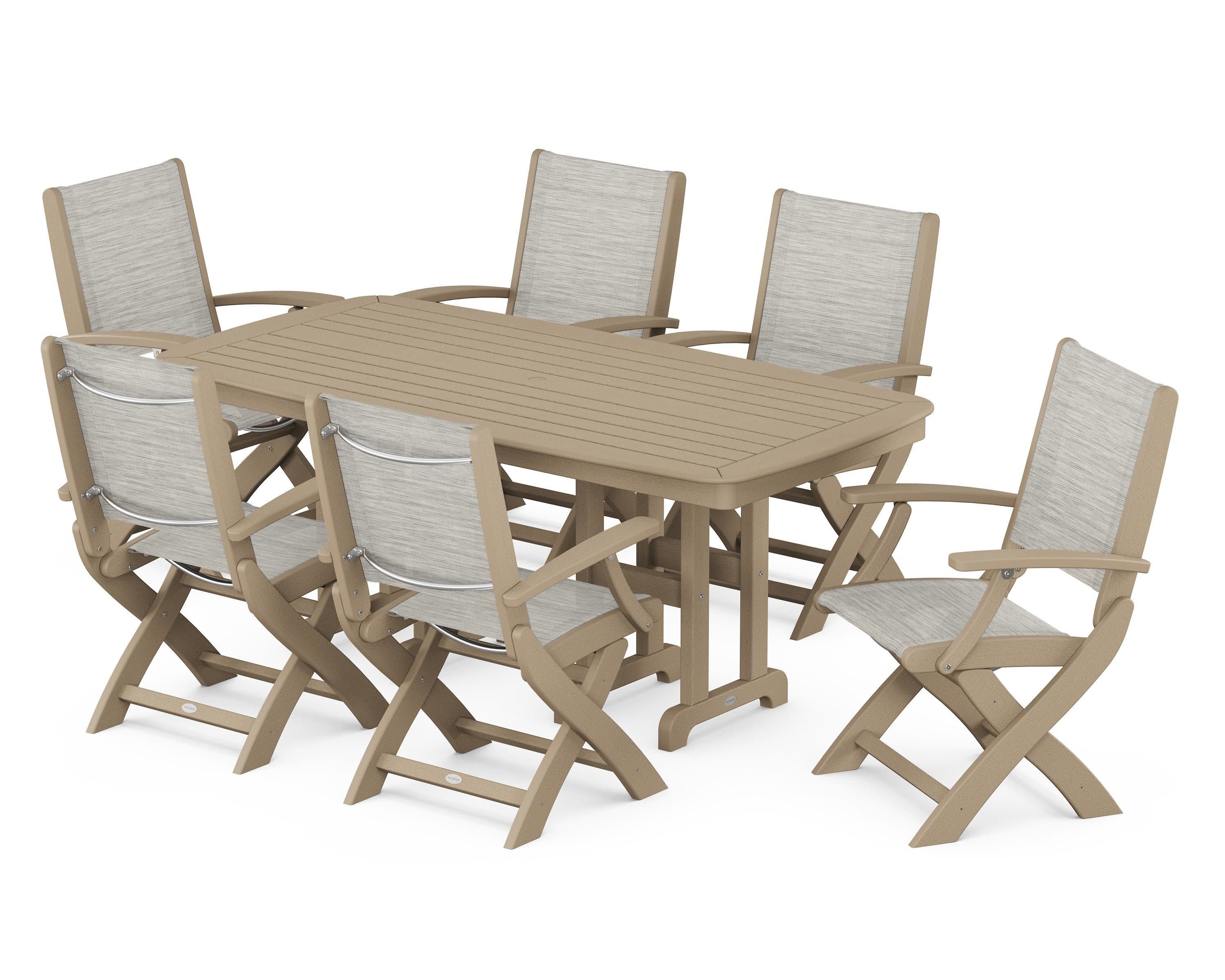 Coastal Folding Arm Chair 7-Piece Dining Set in Vintage Sahara / Birch Sling