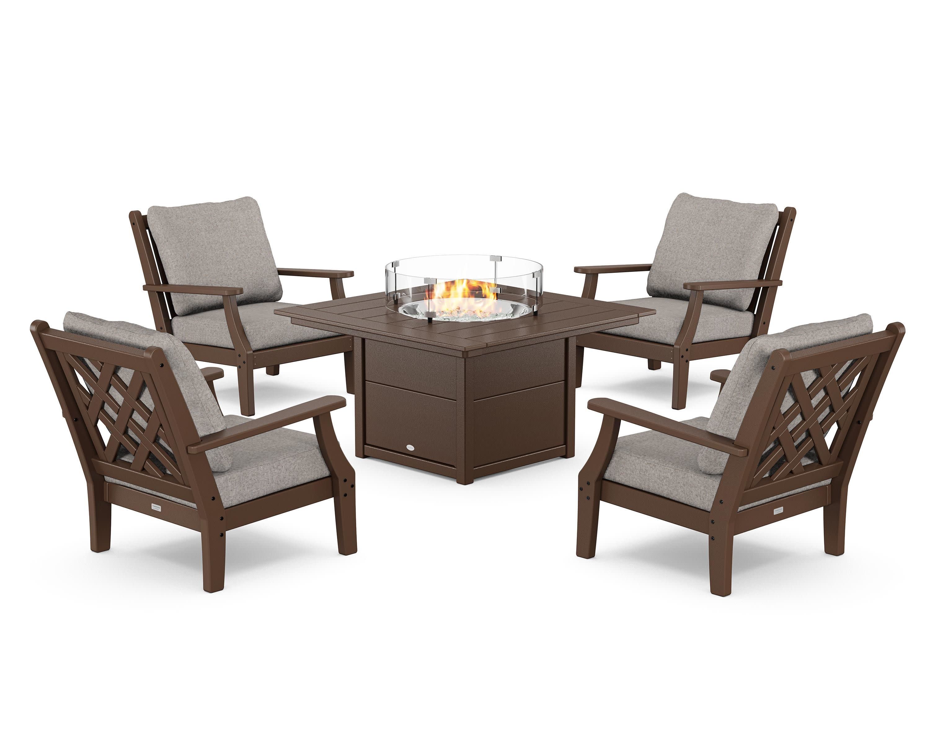 Wovendale 5-Piece Deep Seating Set with Fire Pit Table in Mahogany / Weathered Tweed
