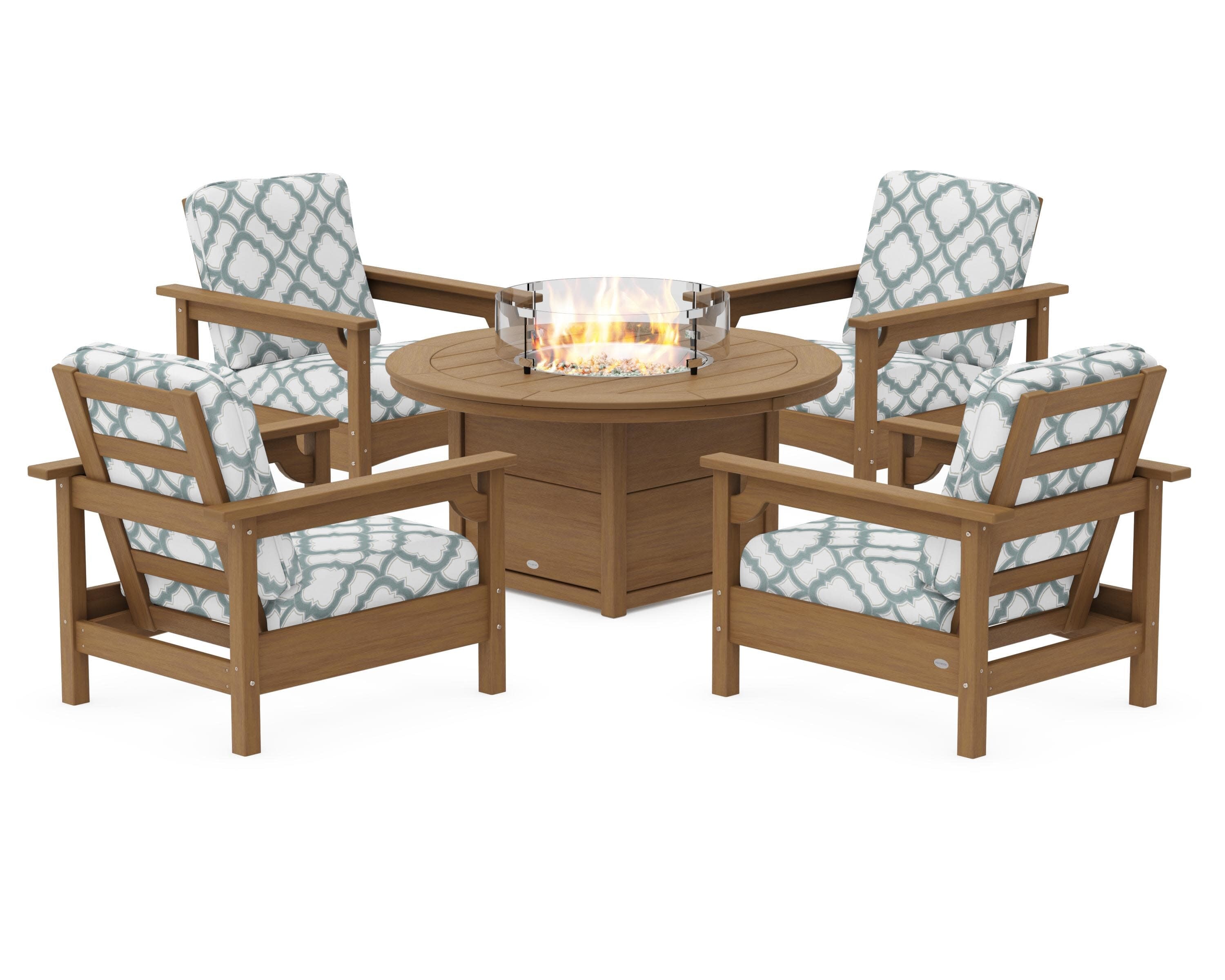 Club 5-Piece Conversation Set with Fire Pit Table in Natural / Trellis Glacier Spa