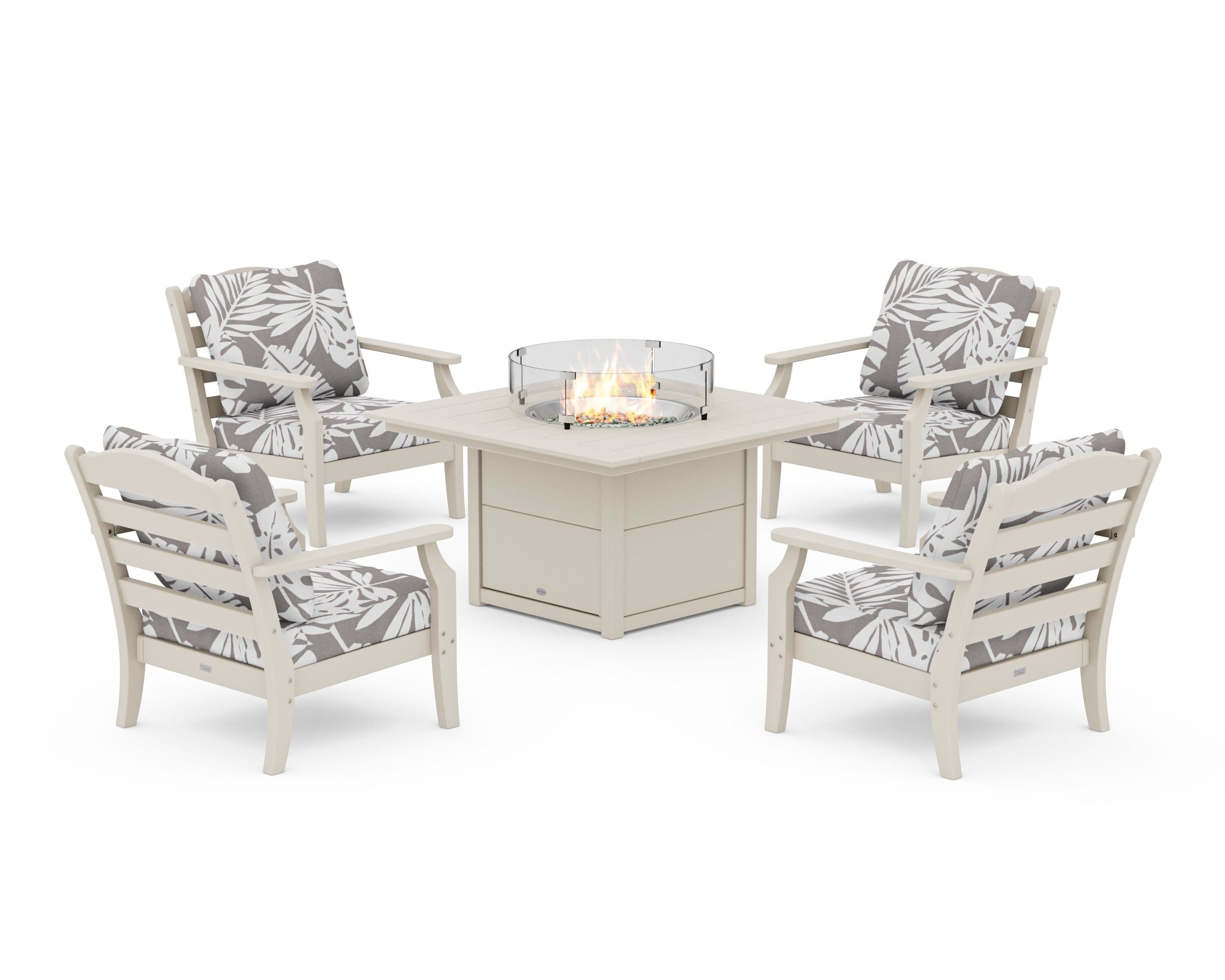 Savannah 5-Piece Deep Seating Set with Fire Pit Table in Sand / Leaf Grey Mist