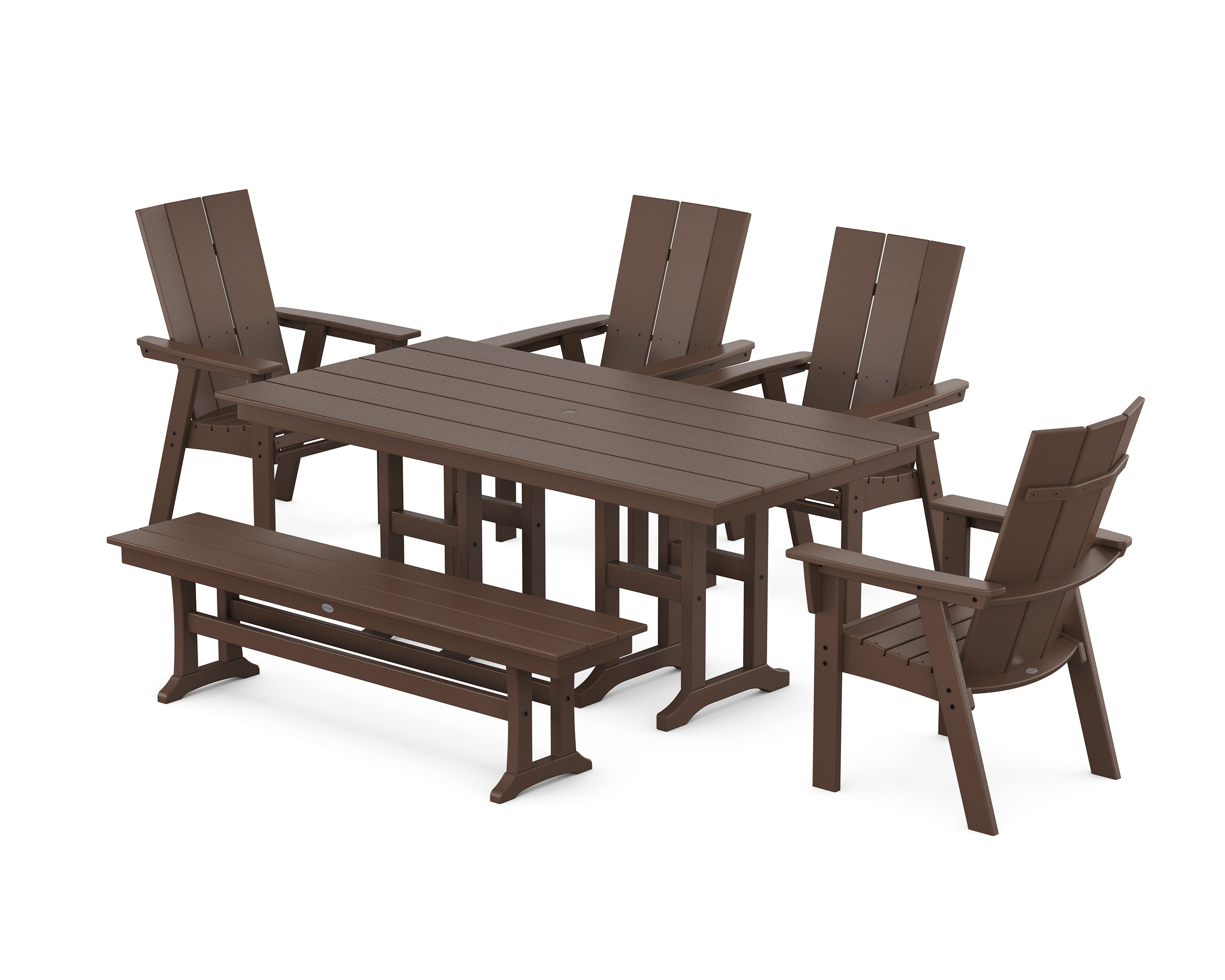 Modern Curveback Adirondack 6-Piece Farmhouse Dining Set with Bench in Mahogany
