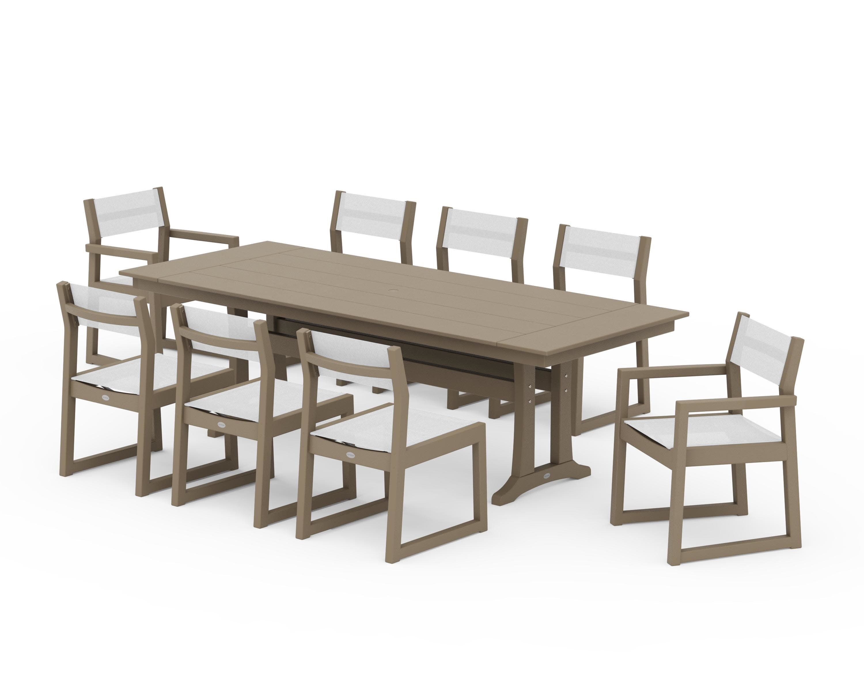 EDGE Sling 9-Piece Farmhouse Trestle Dining Set in Vintage Sahara / White Sling
