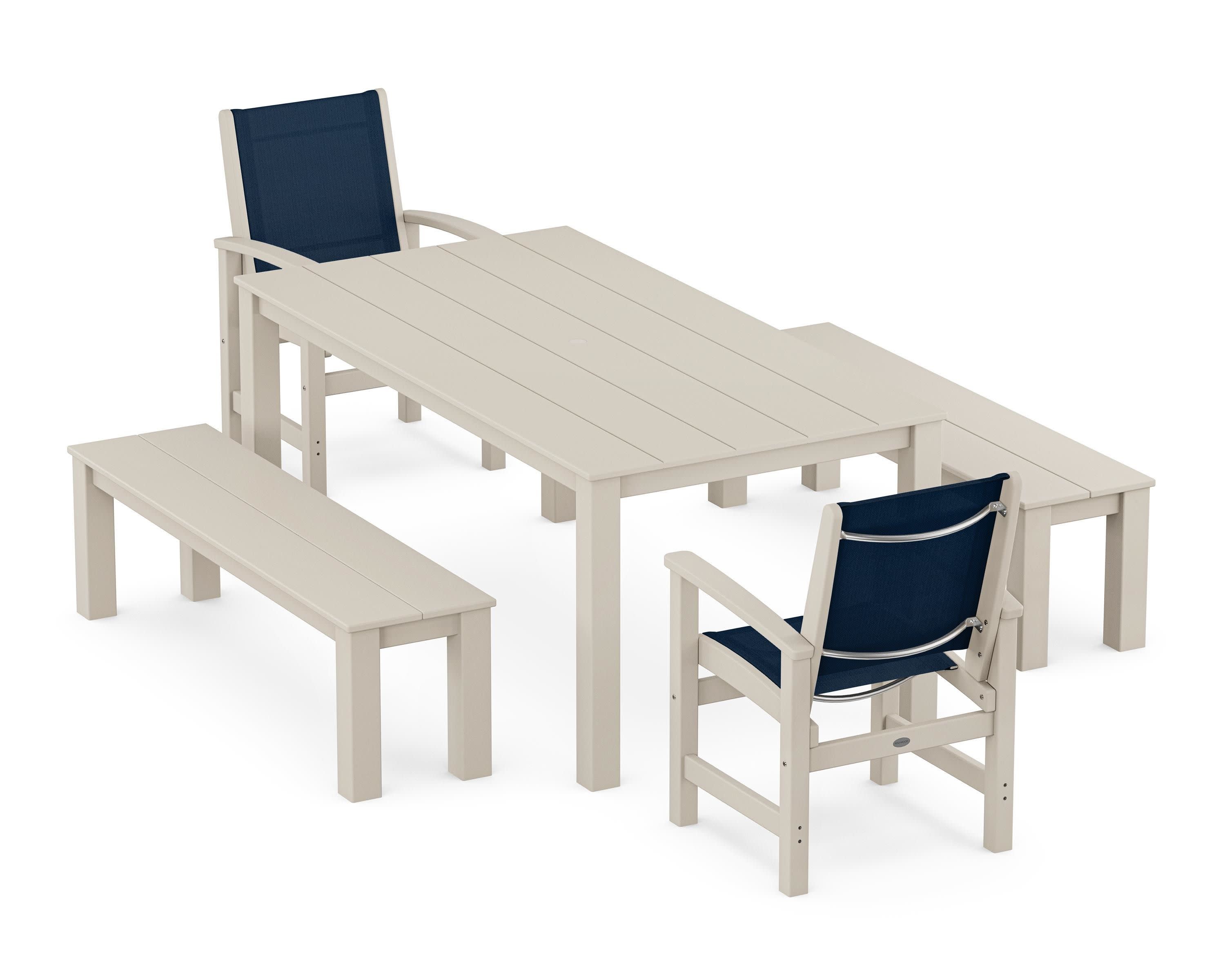 Coastal 5-Piece Parsons Dining Set with Benches in Sand / Navy Blue Sling