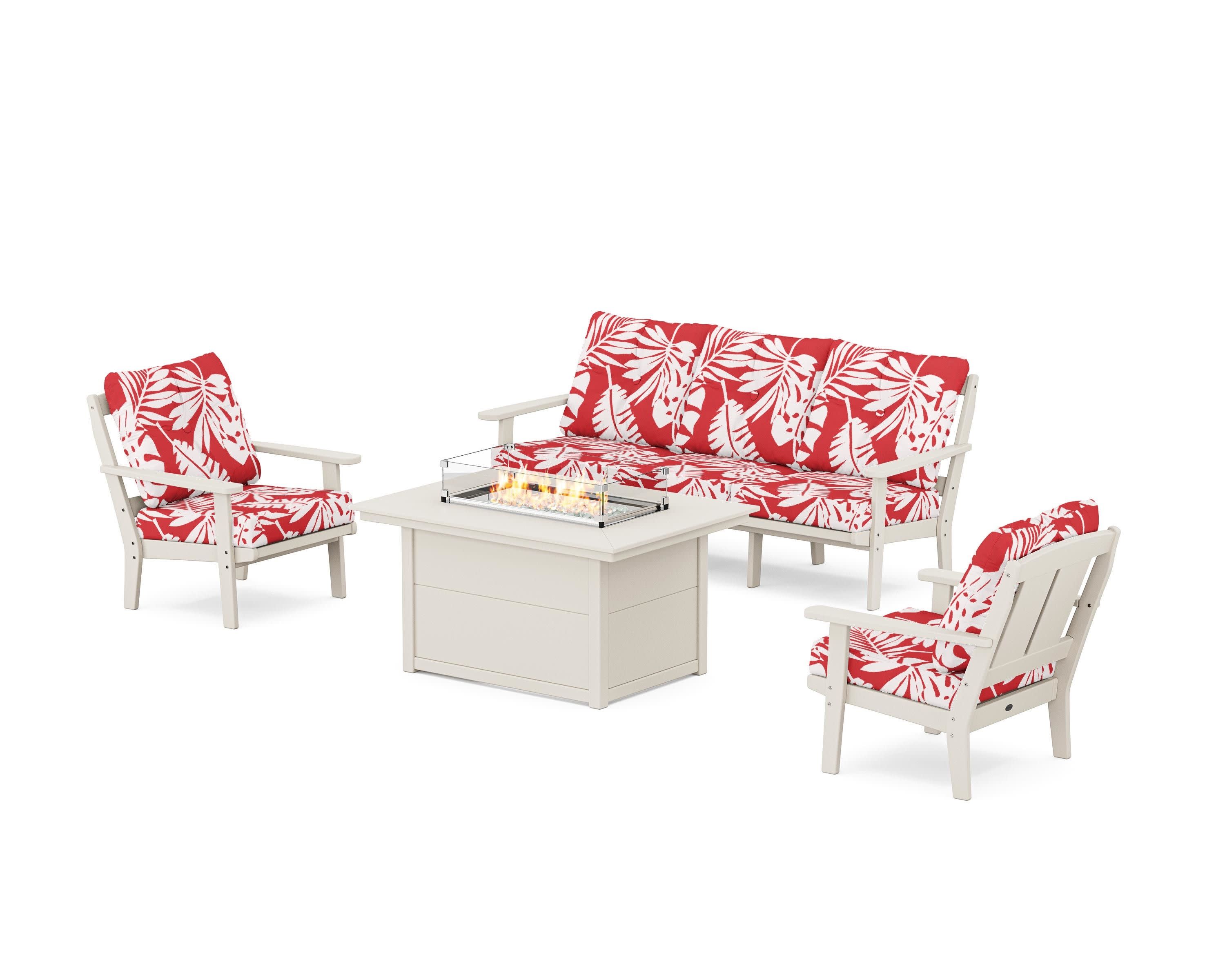Mission Deep Seating Fire Pit Table Set in Sand / Leaf Crimson