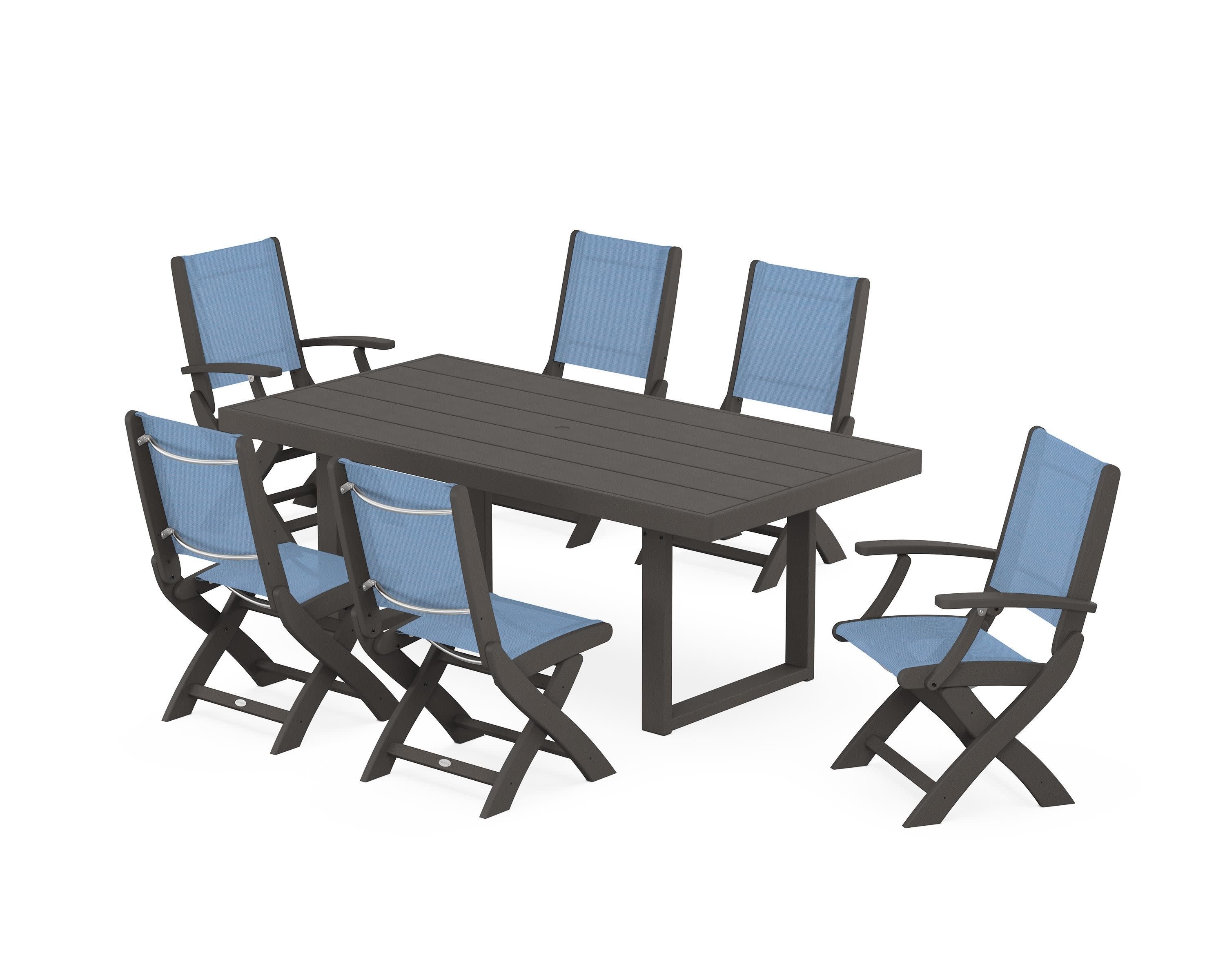 Coastal Folding Chair 7-Piece Dining Set with Trestle Legs in Vintage Coffee / Poolside Sling
