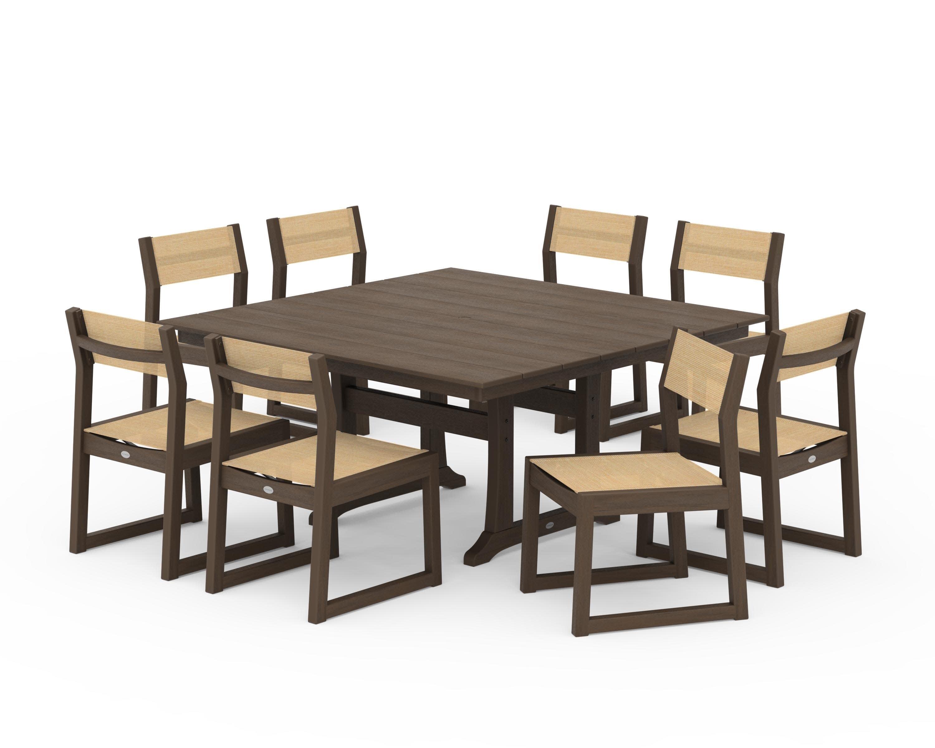 EDGE Sling Side Chair 9-Piece Farmhouse Trestle Dining Set in Kona / Dupioni Apricot Sling