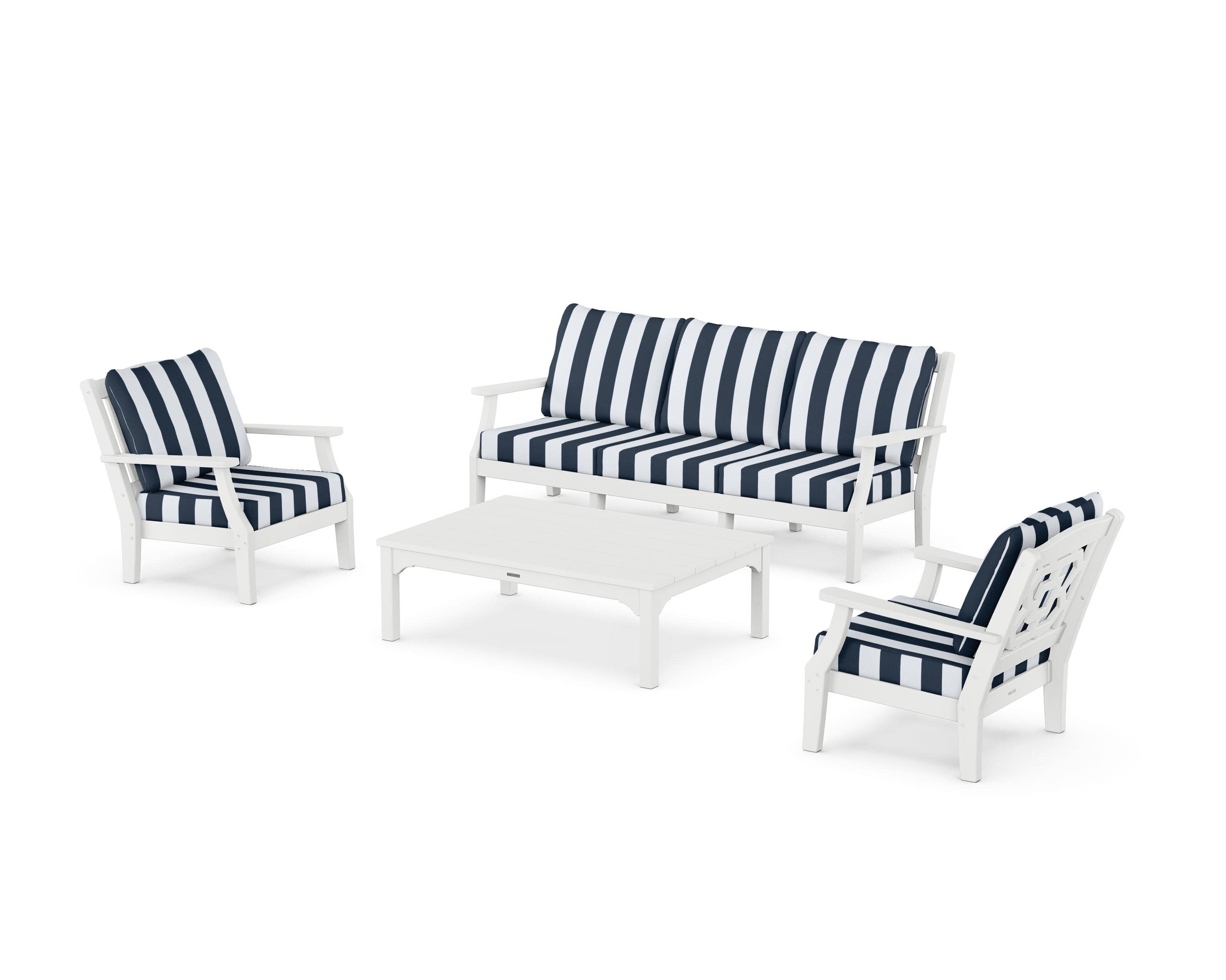 Chinoiserie 4-Piece Deep Seating Set with Sofa in White / Cabana Stripe Marine Indigo