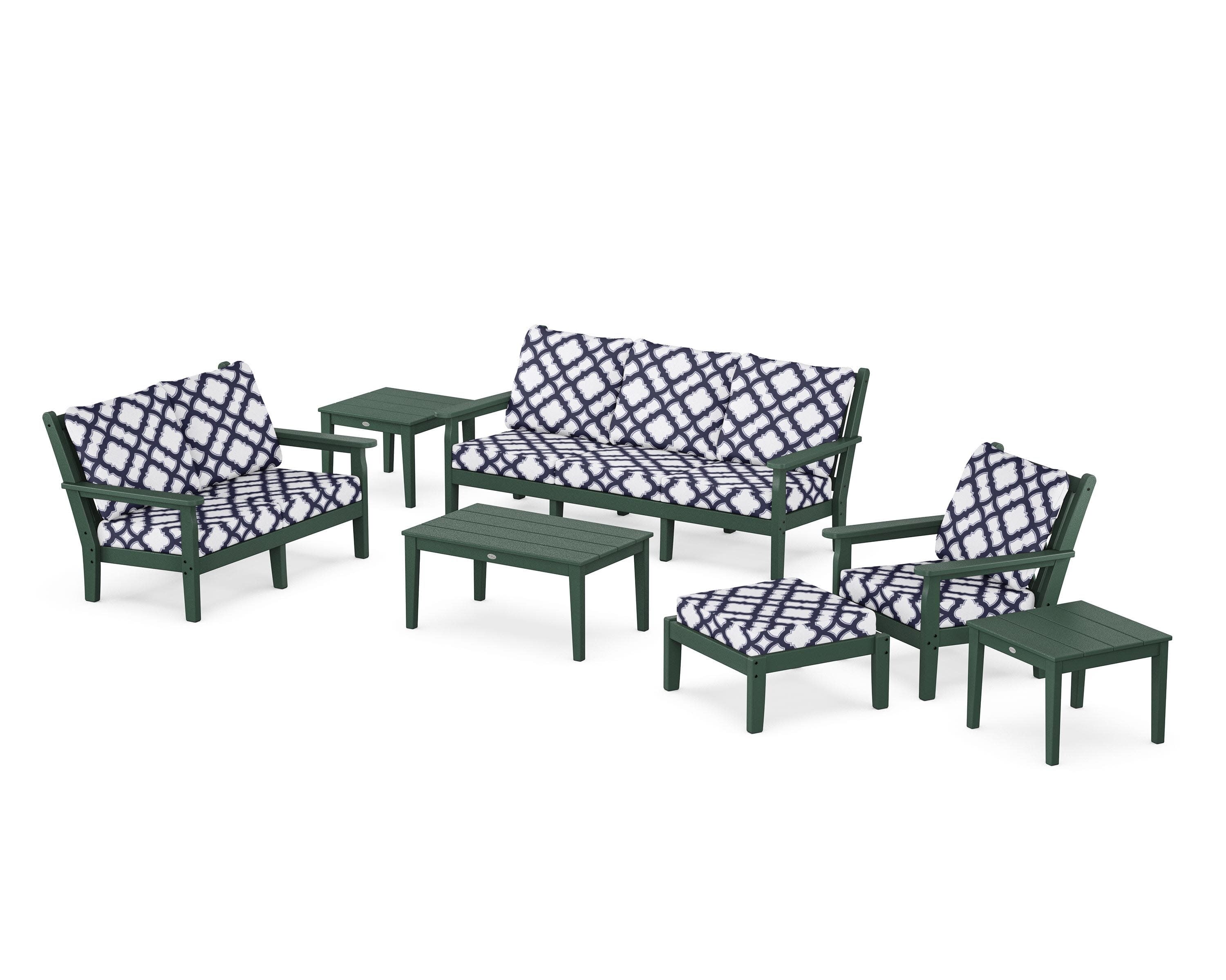 Chippendale 7-Piece Deep Seating Set in Green / Trellis Navy