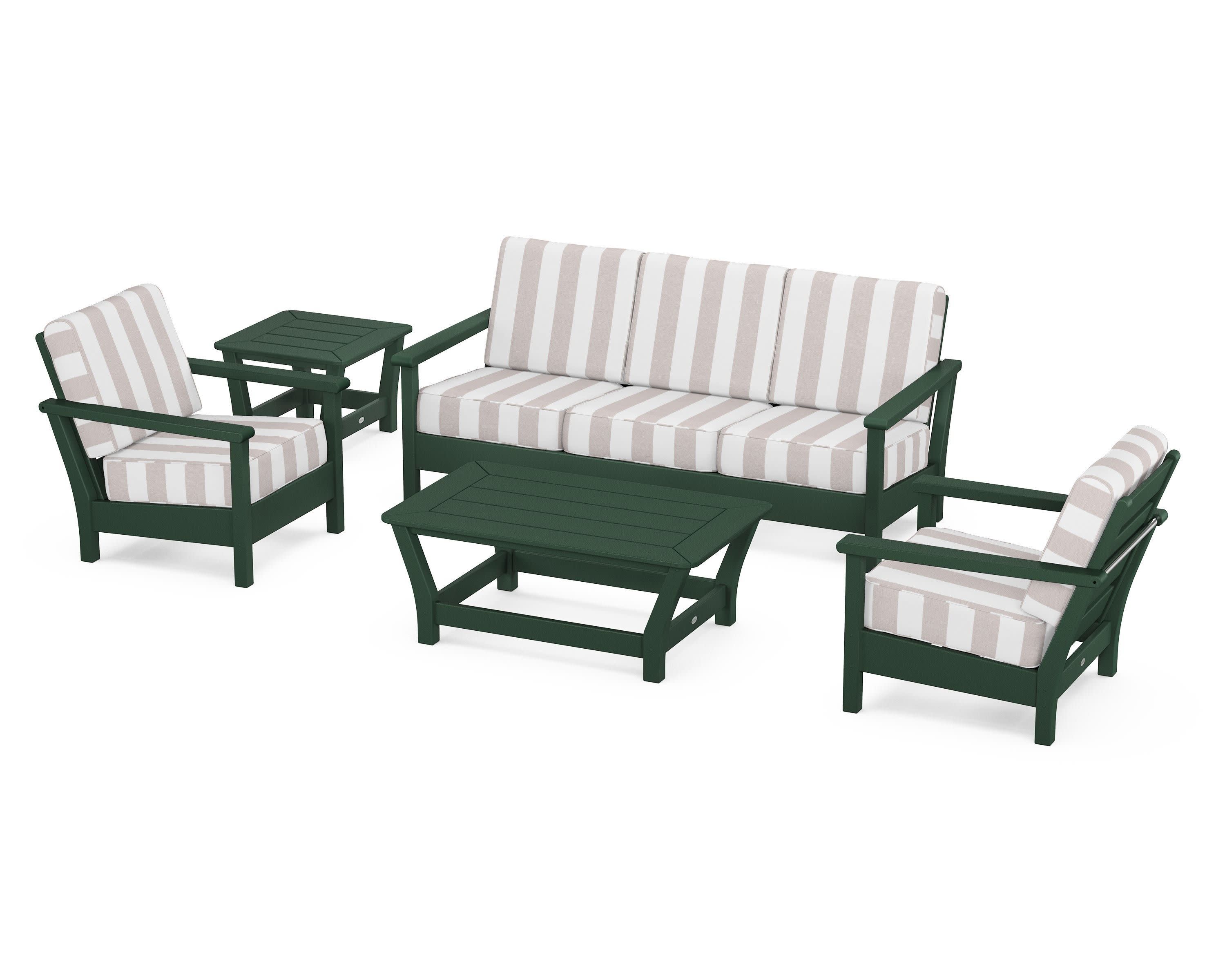 Harbour 5-Piece Deep Seating Set in Green / Cabana Stripe Dune Burlap