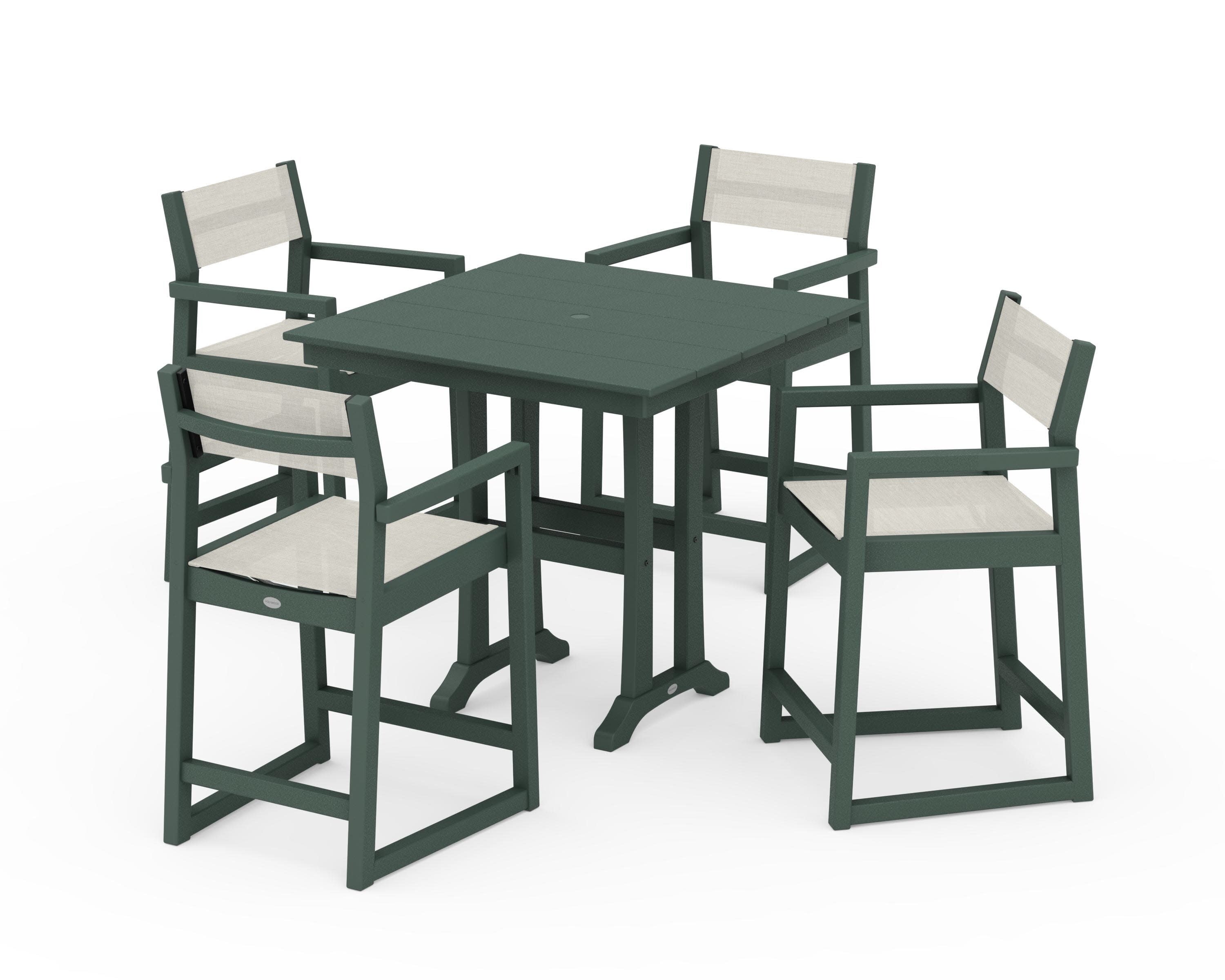 EDGE Sling Arm Chair 5-Piece Farmhouse Counter Set with Trestle Legs in Green / Parchment Sling