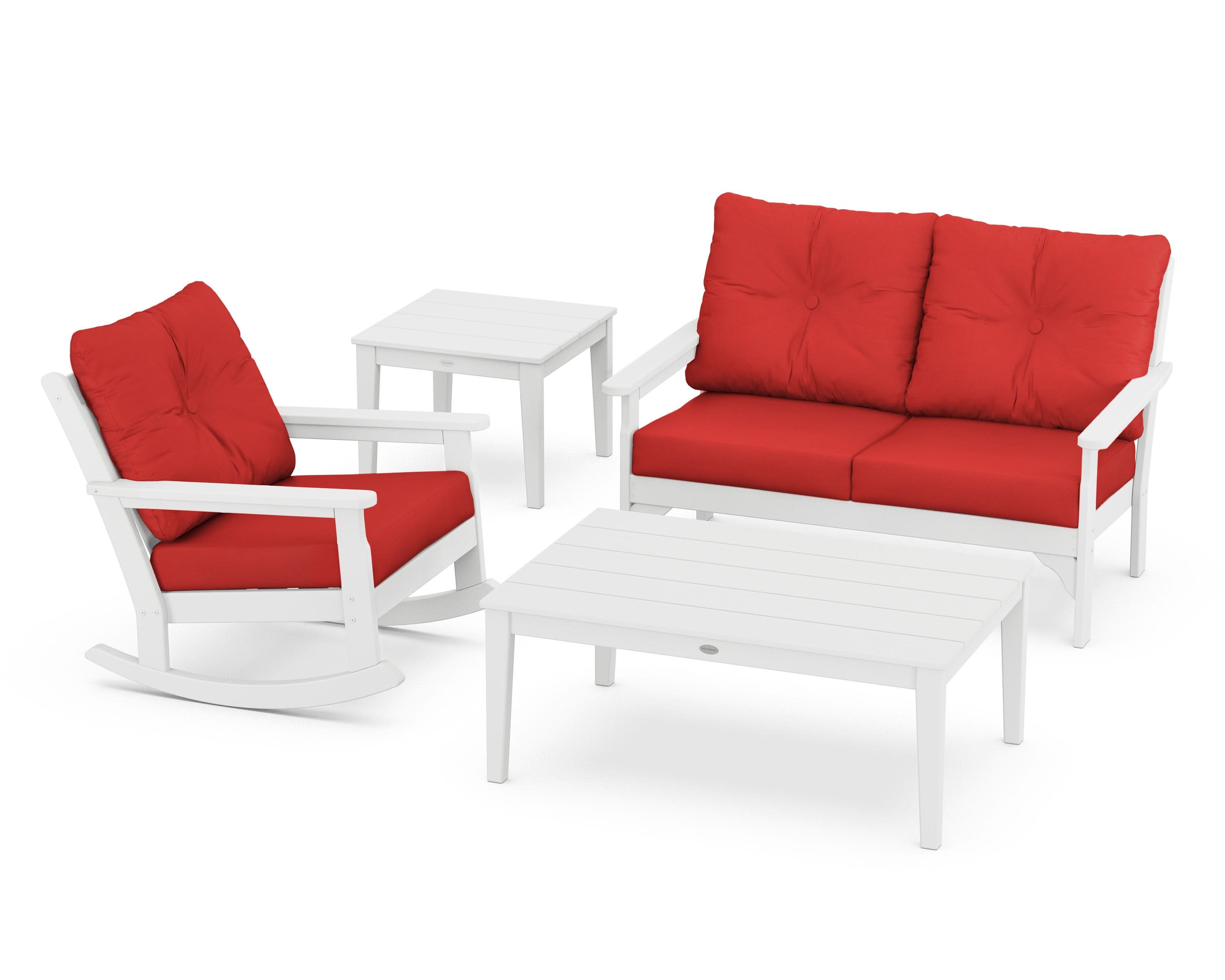 Vineyard 4-Piece Deep Seating Rocker Set in White / Crimson Linen