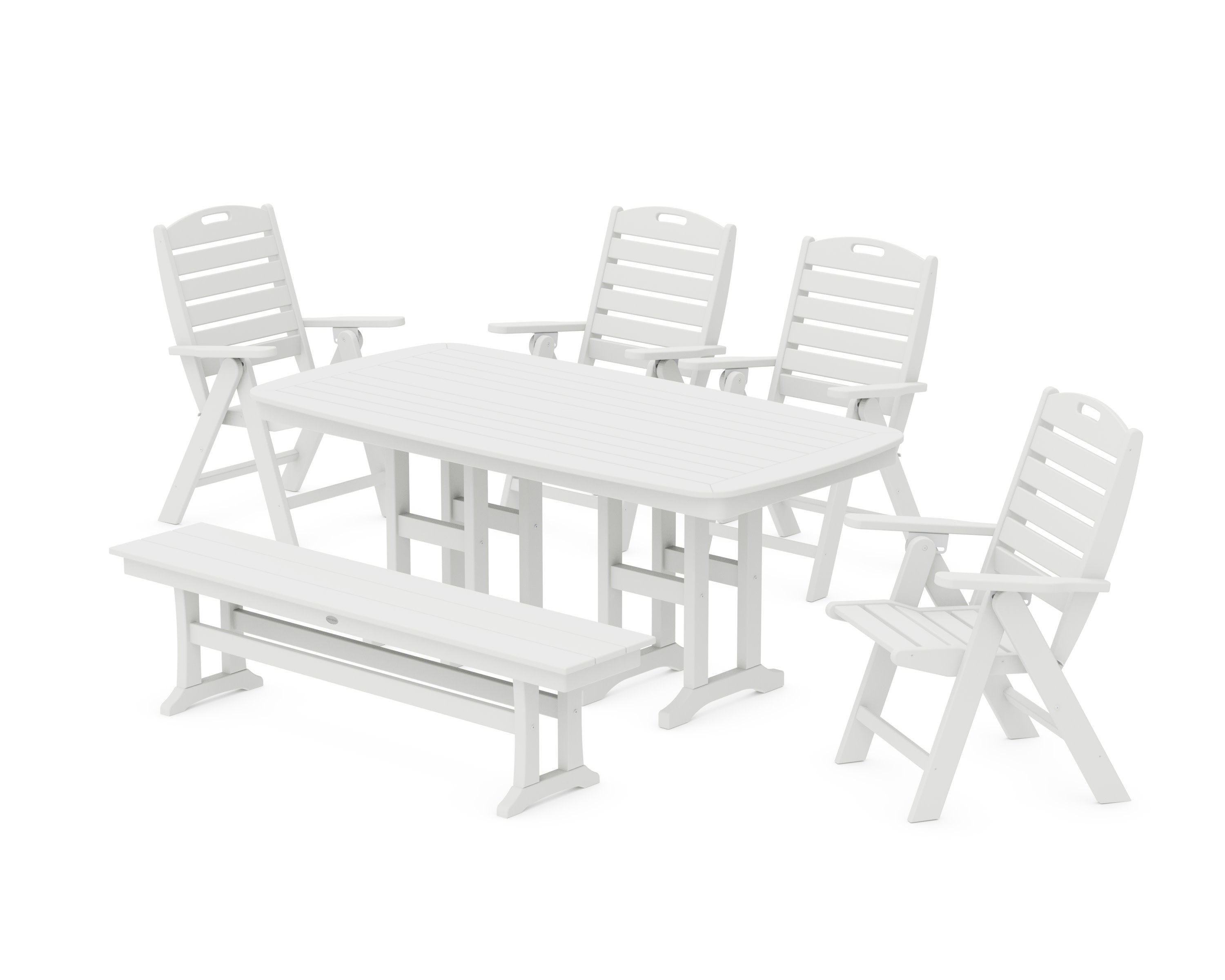 Nautical Highback 6-Piece Dining Set with Bench in White