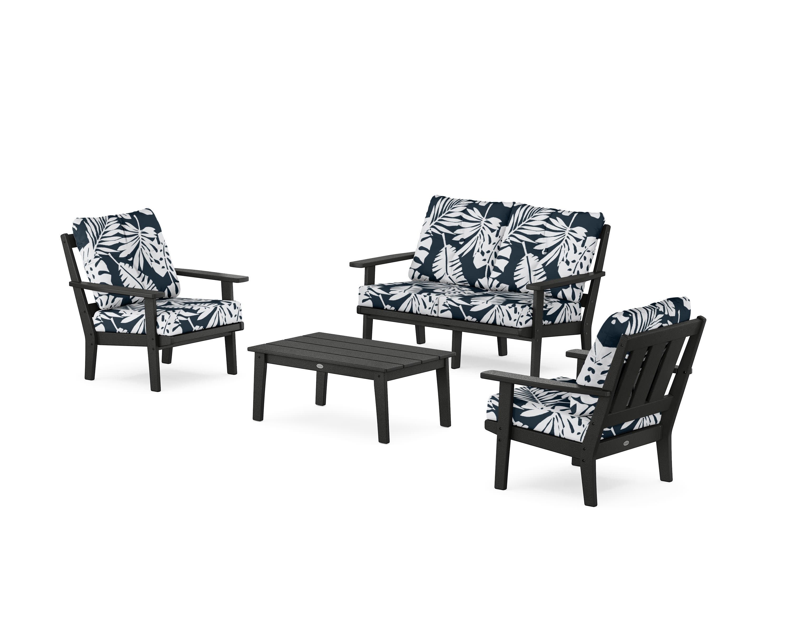 Oxford 4-Piece Deep Seating Set with Loveseat in Black / Leaf Marine Indigo