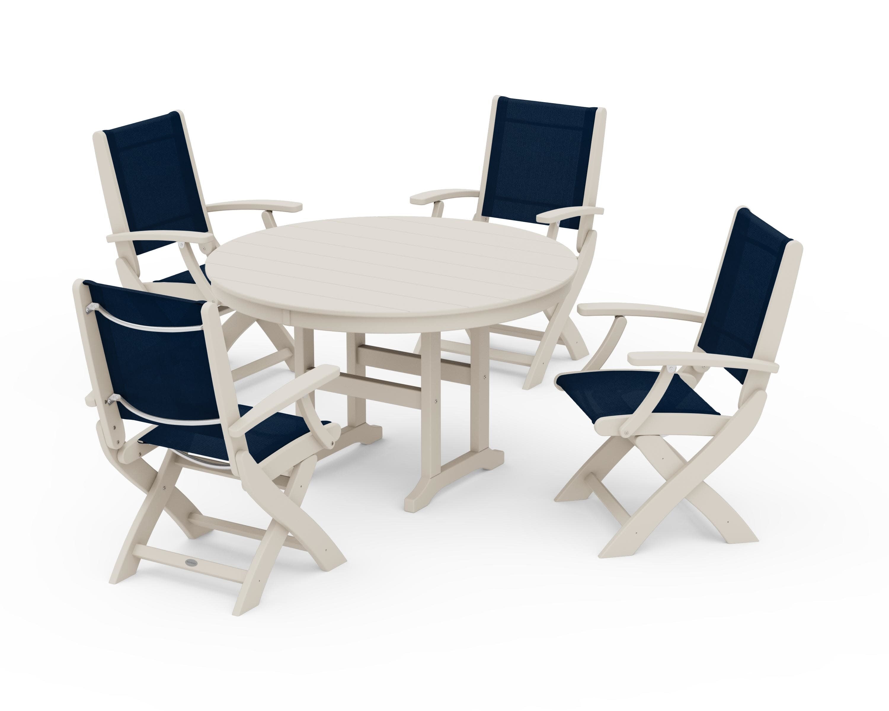 Coastal Folding Chair 5-Piece Round Dining Set in Sand / Navy Blue Sling