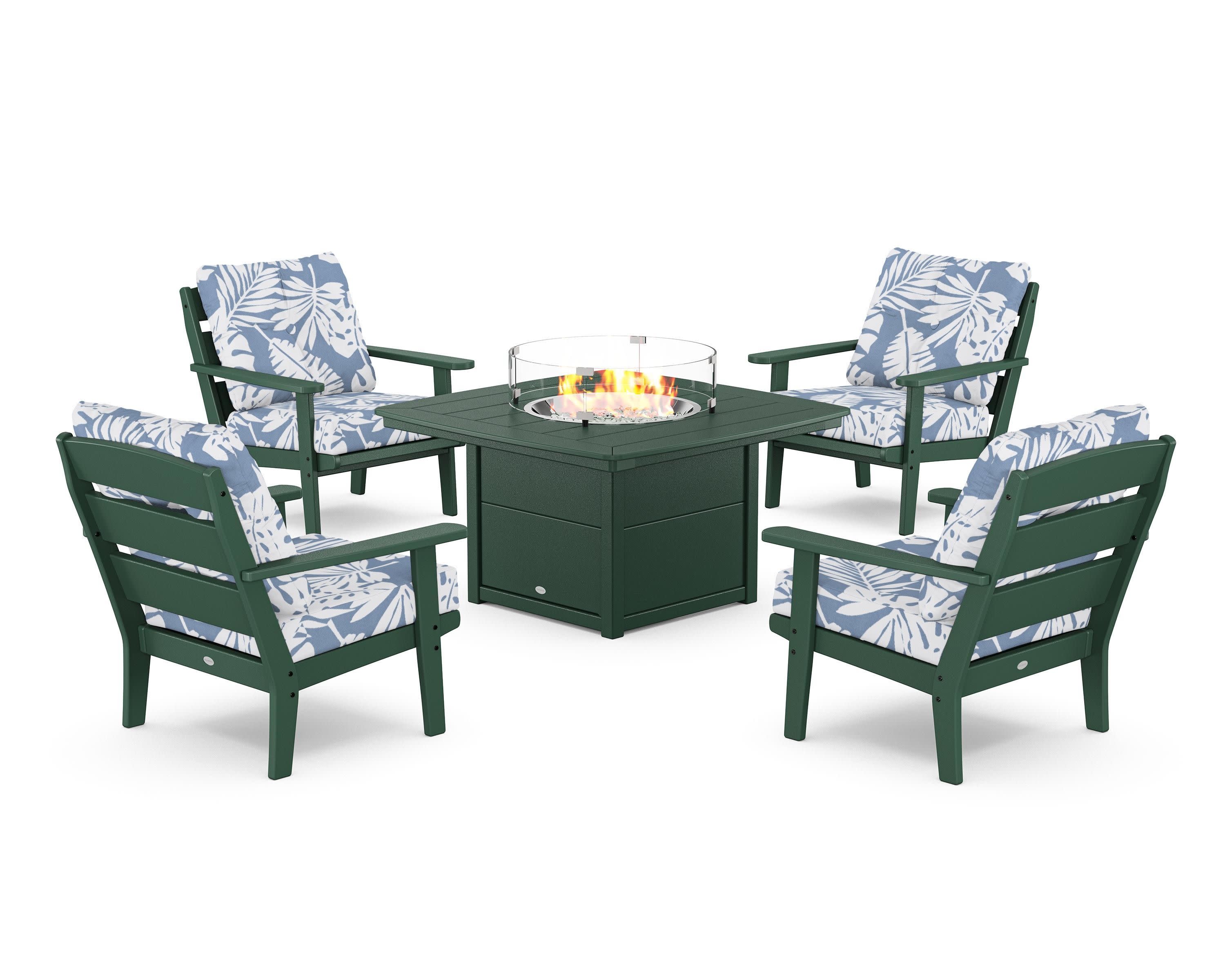 Lakeside 5-Piece Deep Seating Set with Nautical Fire Pit Table in Green / Leaf Sky Blue