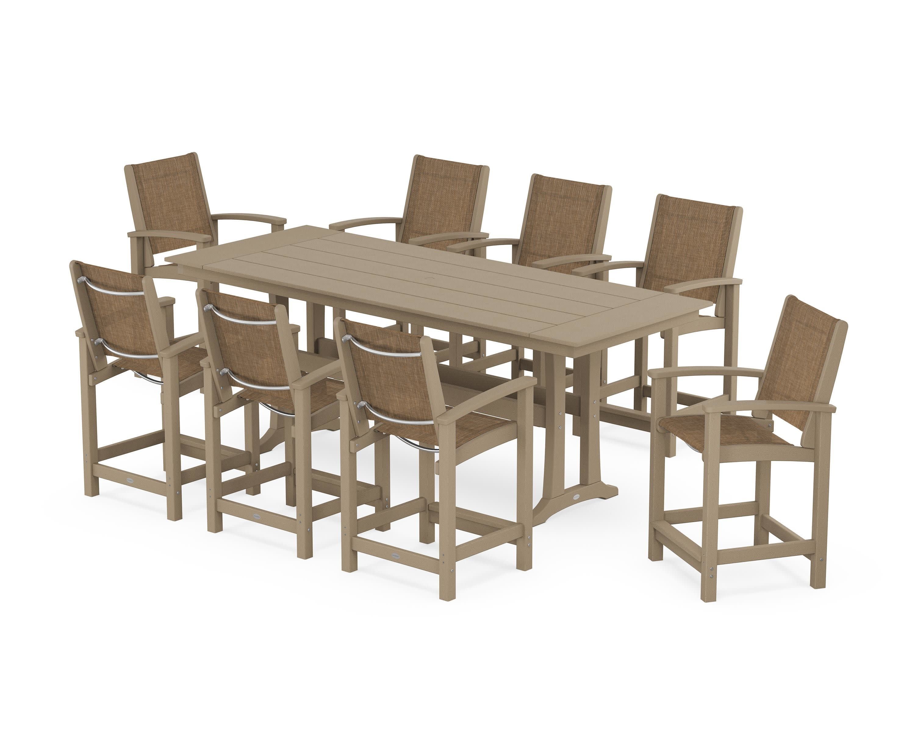 Coastal 9-Piece Farmhouse Counter Set with Trestle Legs in Vintage Sahara / Burlap Sling
