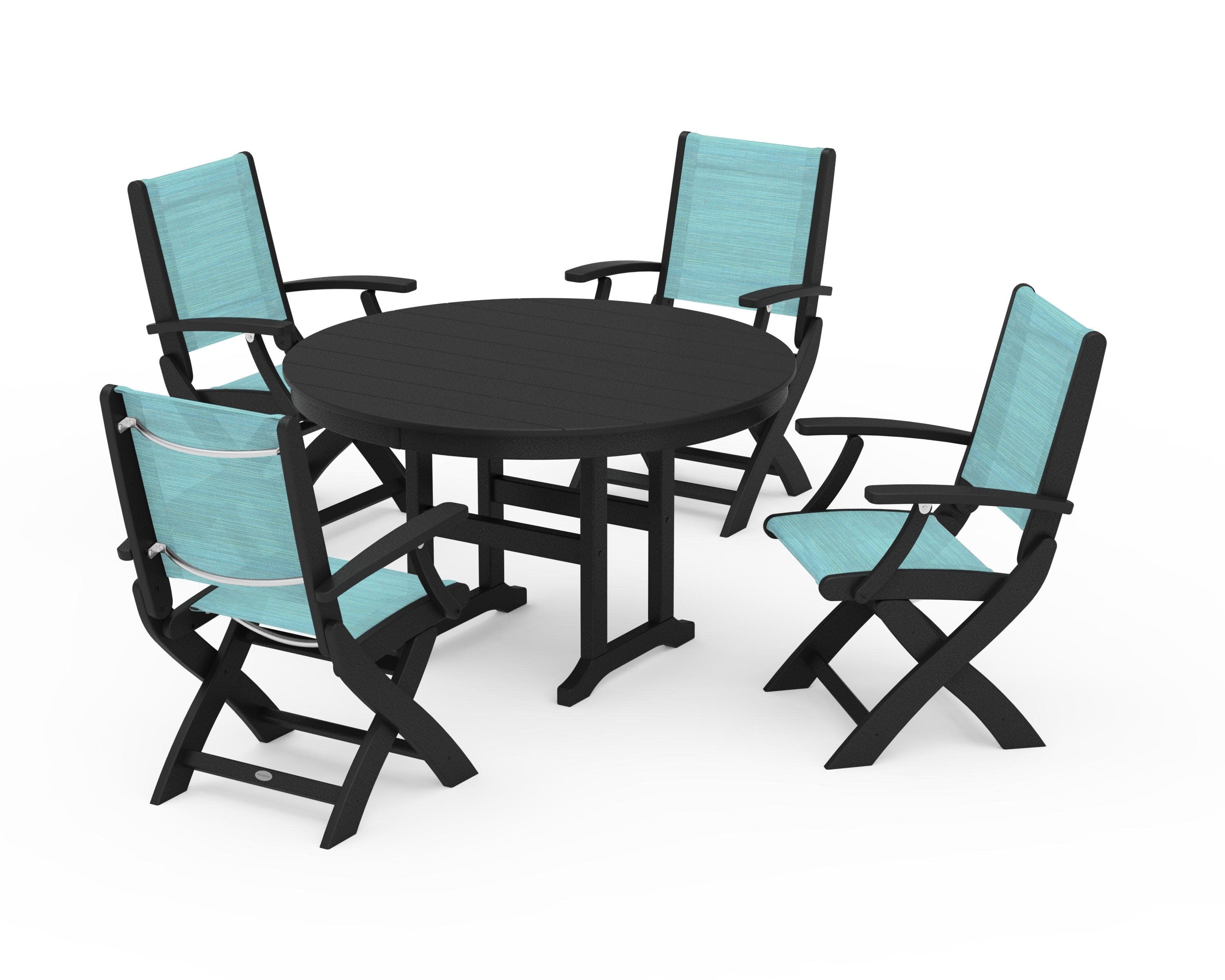 Coastal Folding Chair 5-Piece Round Dining Set in Black / Dupioni Aquamarine Sling