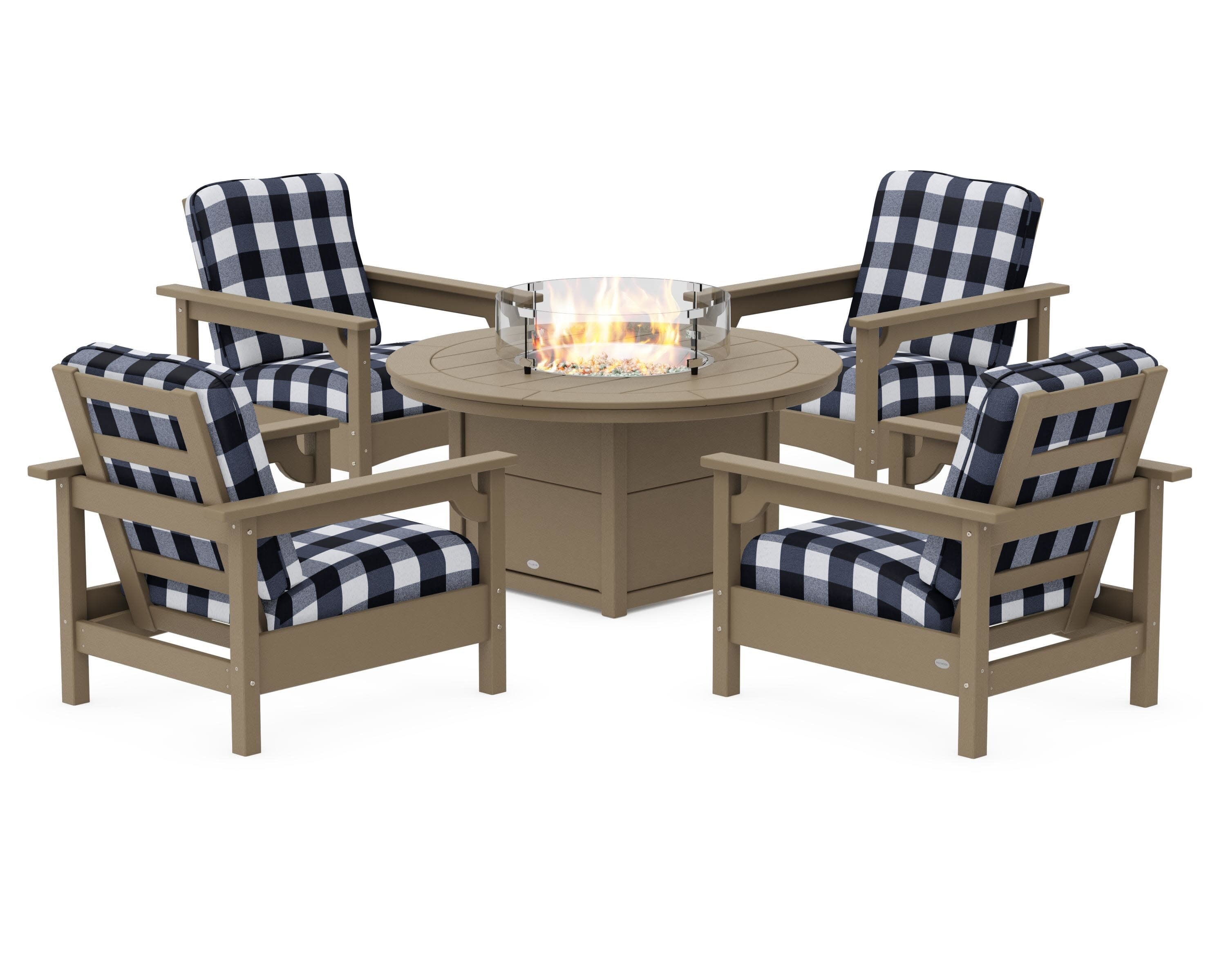 Club 5-Piece Conversation Set with Fire Pit Table in Vintage Sahara / Buffalo Plaid Marine Indigo