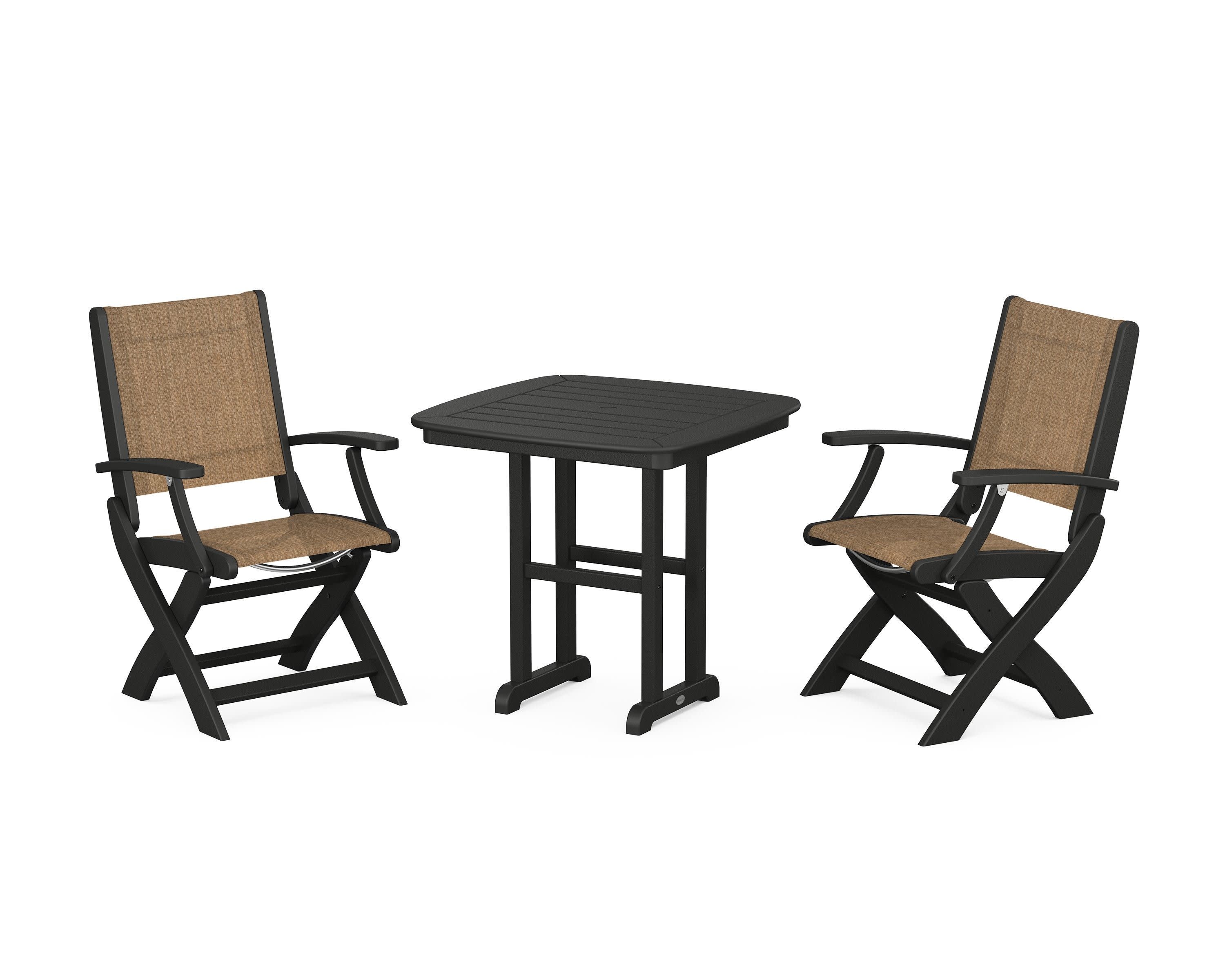 Coastal Folding Chair 3-Piece Dining Set in Black / Burlap Sling
