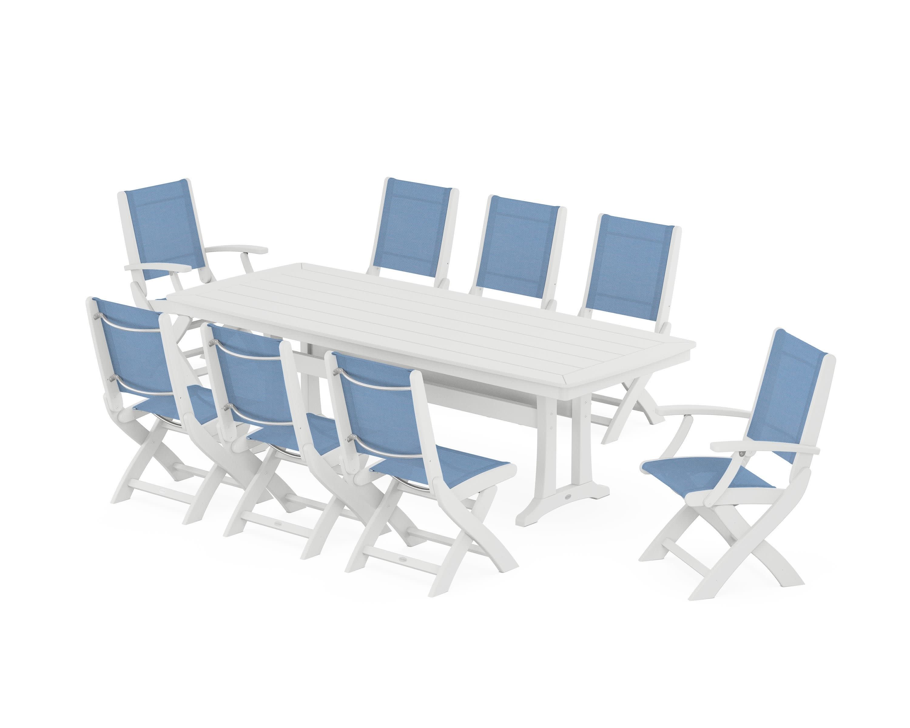 Coastal Folding 9-Piece Dining Set with Trestle Legs in White / Poolside Sling
