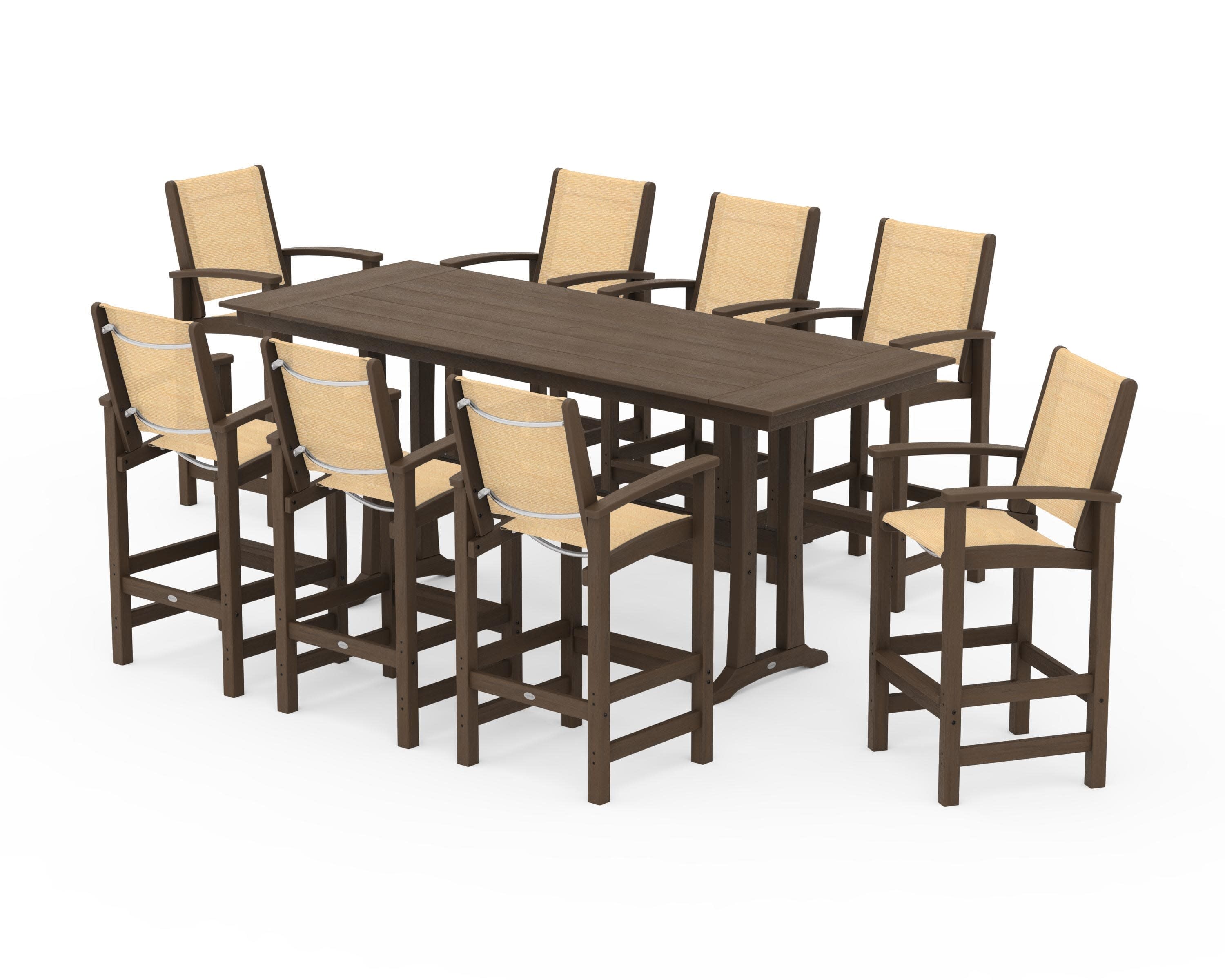 Coastal 9-Piece Farmhouse Bar Set with Trestle Legs in Kona / Dupioni Apricot Sling