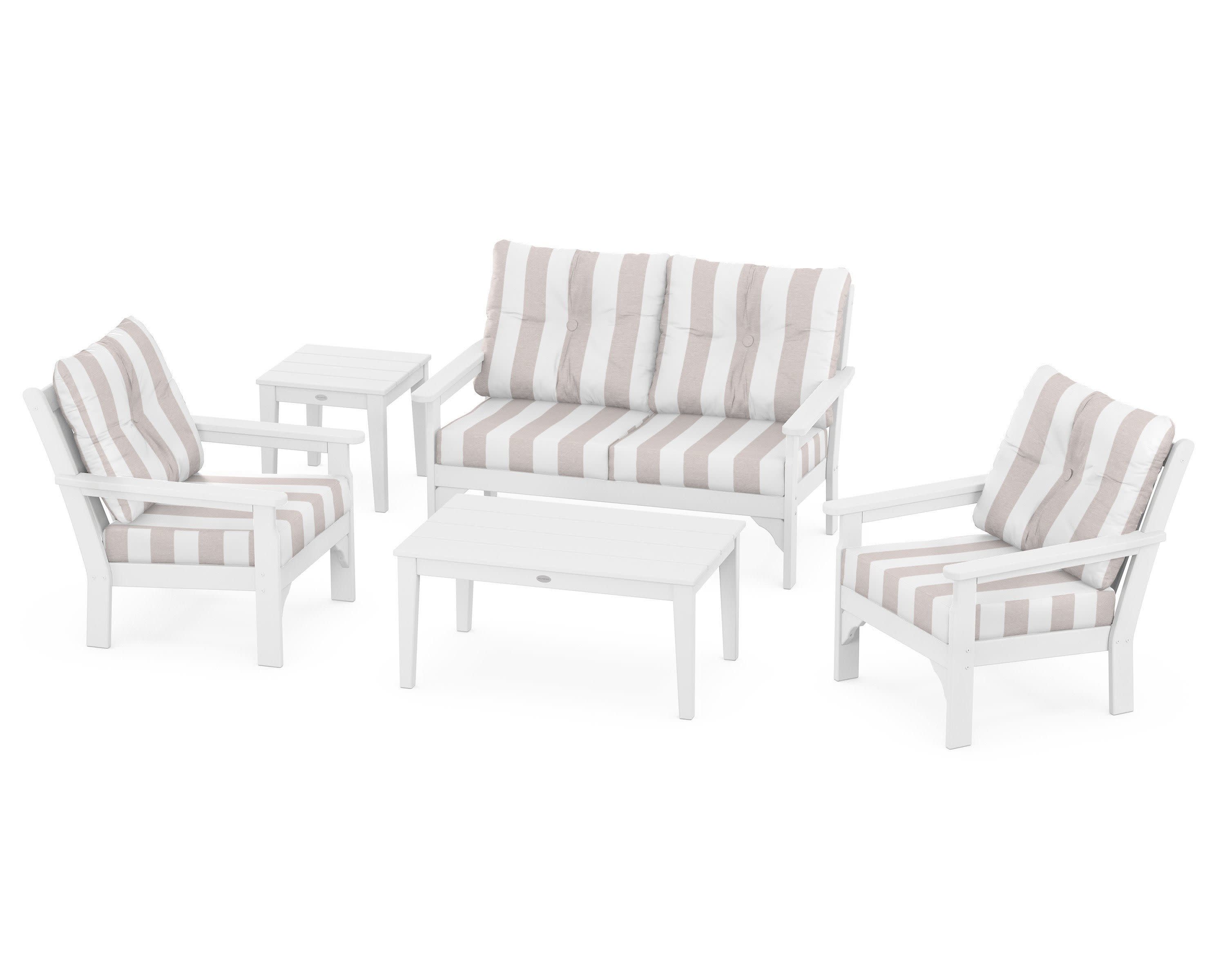 Vineyard 5-Piece Deep Seating Set in White / Cabana Stripe Dune Burlap