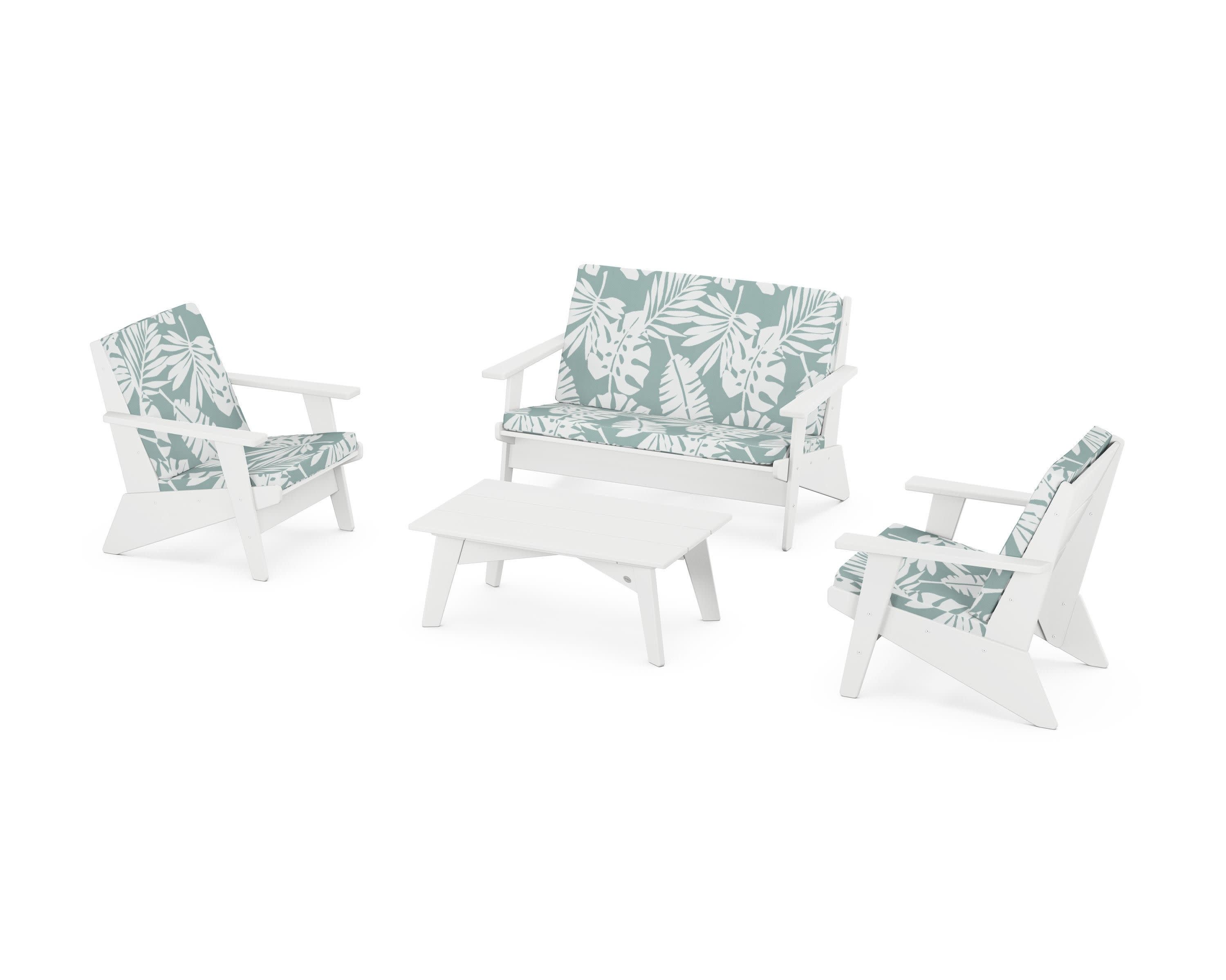 Riviera Modern Lounge 4-Piece Set in White / Leaf Glacier Spa