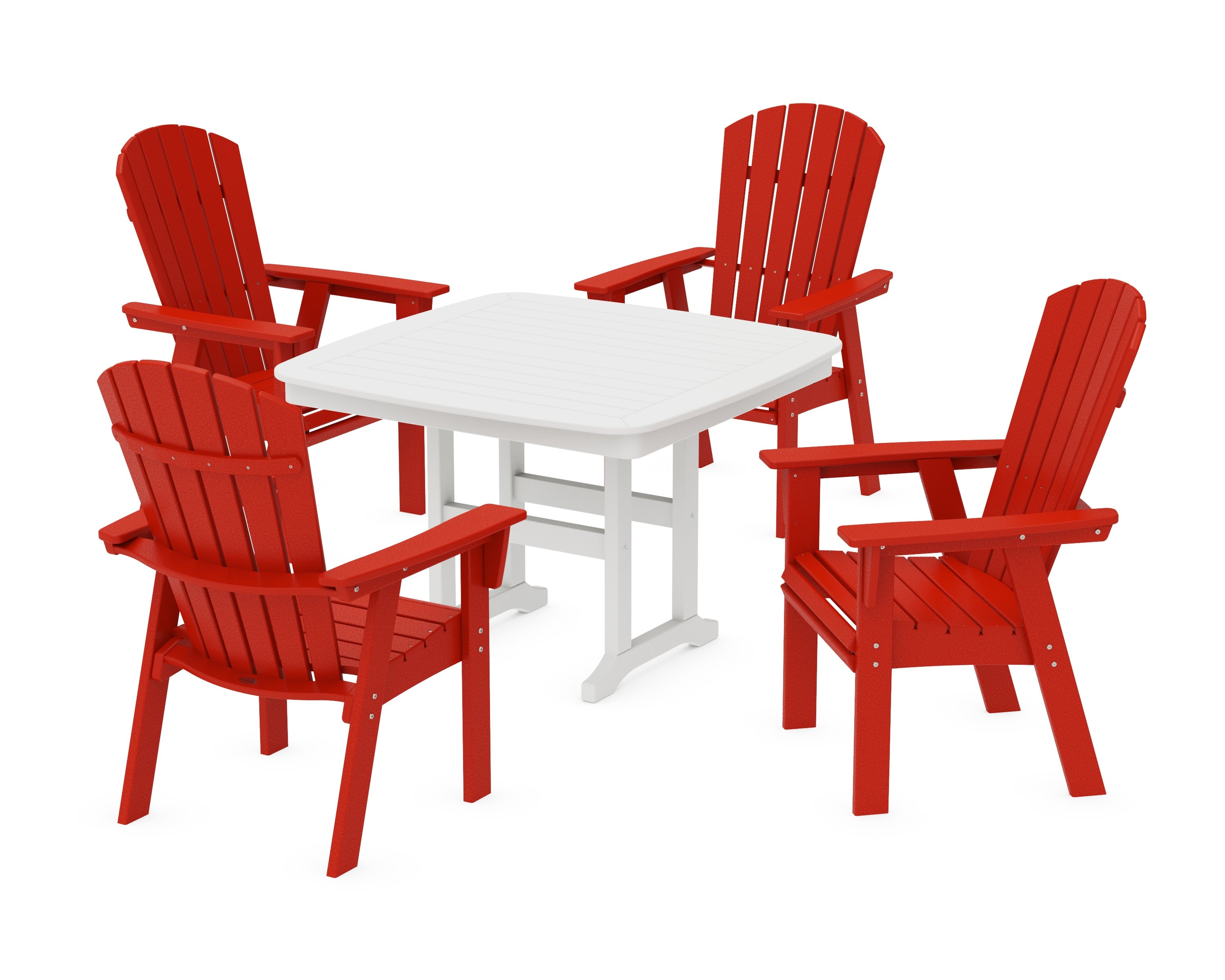 Nautical Curveback Adirondack 5-Piece Dining Set in Sunset Red / White