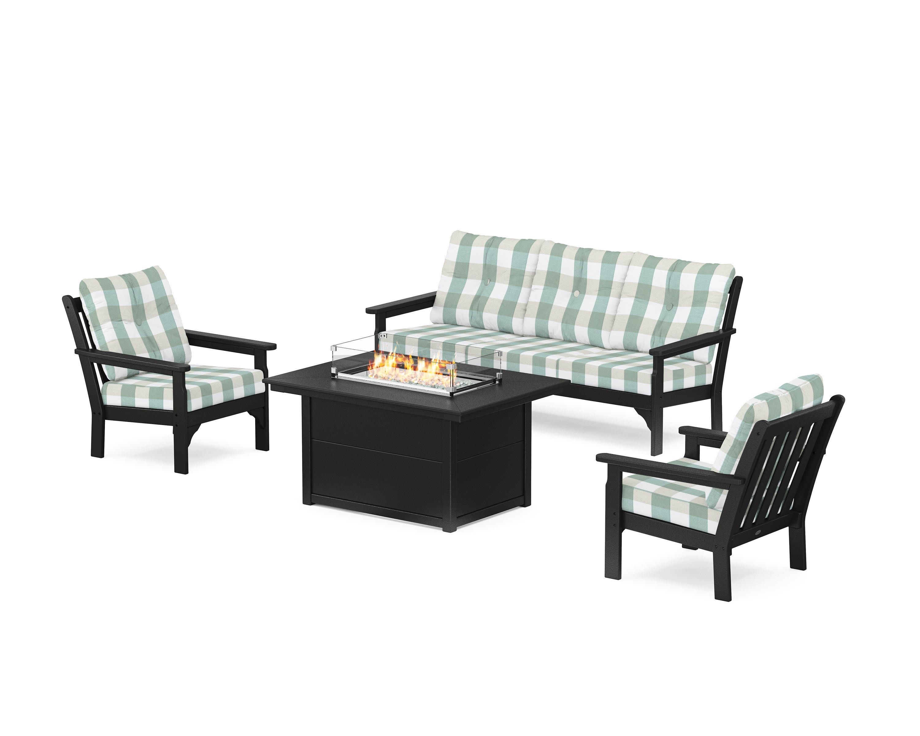 Vineyard Deep Seating Fire Pit Table Set in Black / Buffalo Plaid Glacier Spa
