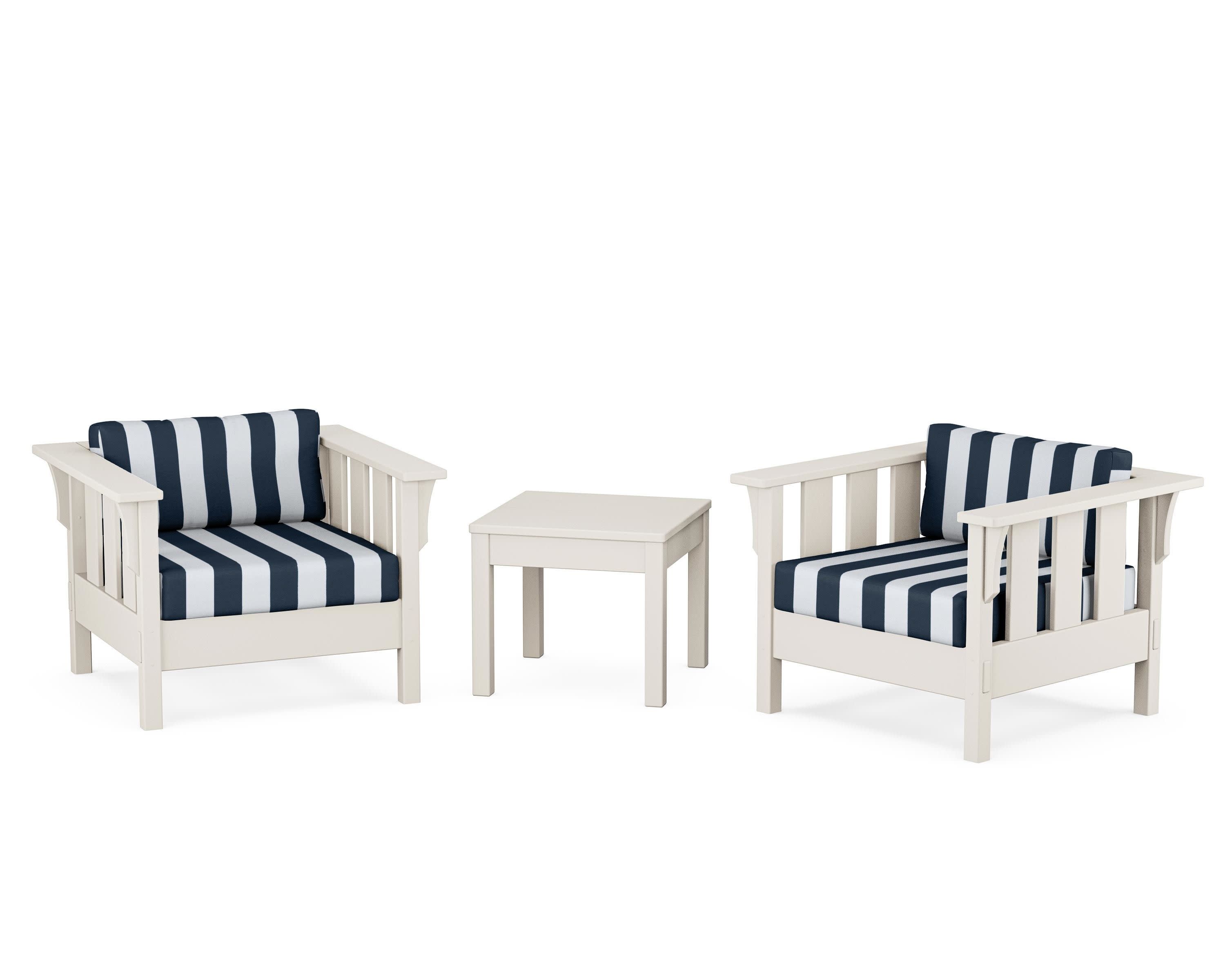 Acadia 3-Piece Deep Seating Set in Sand / Cabana Stripe Marine Indigo