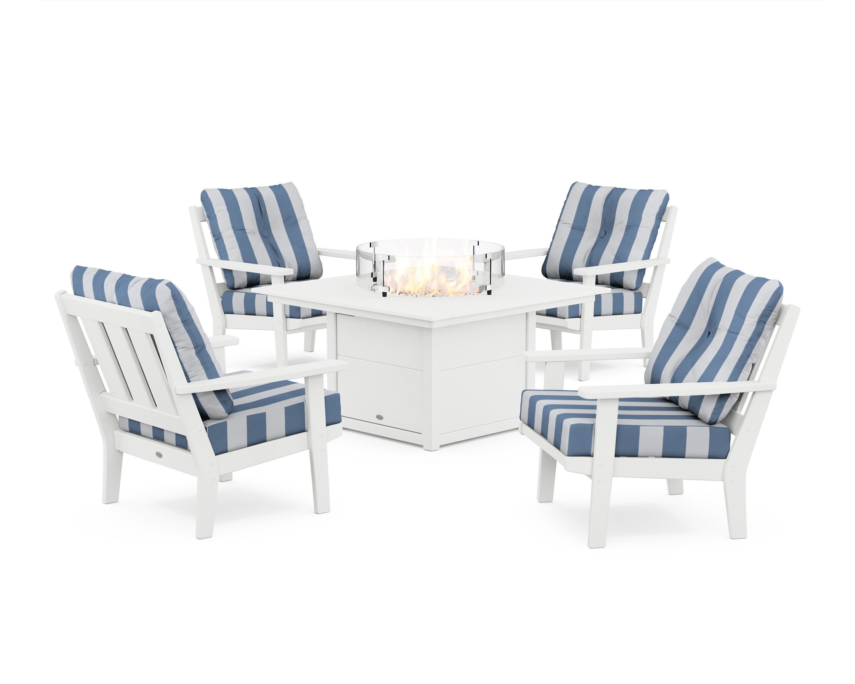 Oxford 5-Piece Deep Seating Set with Fire Pit Table in White / Cabana Stripe Sky Blue