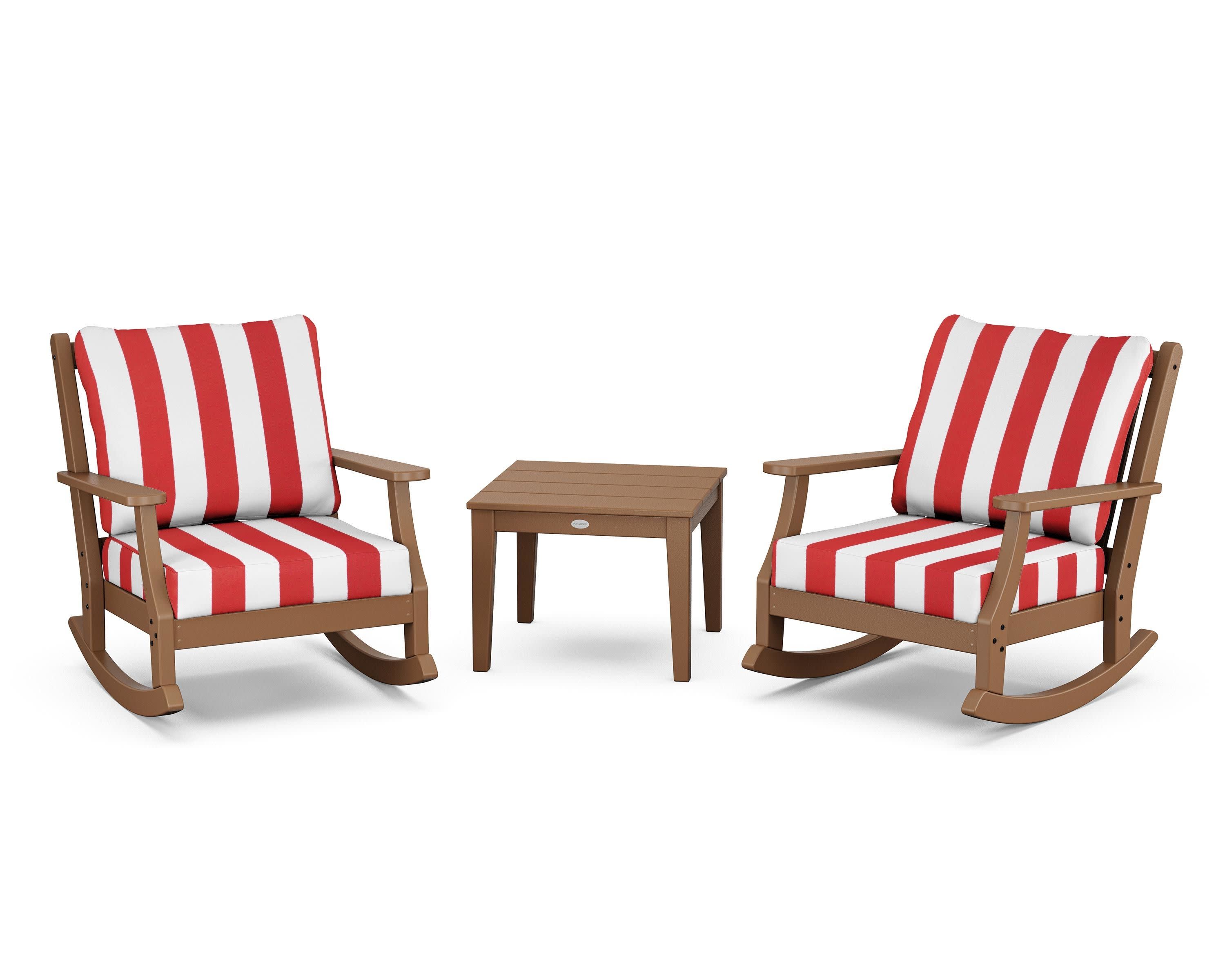 Wovendale 3-Piece Deep Seating Rocker Set in Teak / Cabana Stripe Crimson